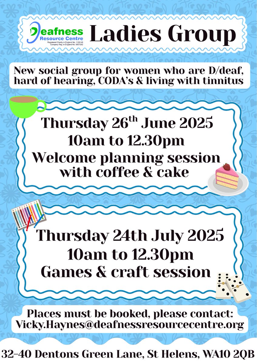 Deafness Resource Centre (@drcsthelens) on Twitter photo We have a new Ladies Group!
Are you D/deaf, hard of hearing, a CODA or living with tinnitus?
Come along to our welcoming new Ladies Group
📍 32–40 Dentons Green Lane, St Helens, WA10 2QB
📧 Booking required – contact Vicky at: Vicky.Haynes@deafnessresourcecentre.org We have a new Ladies Group!
Are you D/deaf, hard of hearing, a CODA or living with tinnitus?
Come along to our welcoming new Ladies Group
📍 32–40 Dentons Green Lane, St Helens, WA10 2QB
📧 Booking required – contact Vicky at: Vicky.Haynes@deafnessresourcecentre.org