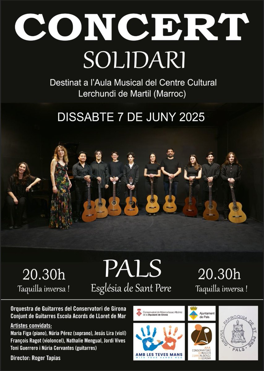 Concert solidari a Pals!

🎶Orquestra de guitarres del Conservatori de Girona i Conjunt de guitarres de l'Escola Acords de Lloret de Mar
🗓️Dissabte, 7 de juny
⌚️A les 20:30
📍A l'església de Sant Pere
🎟️Taquilla inversa

#Pals
