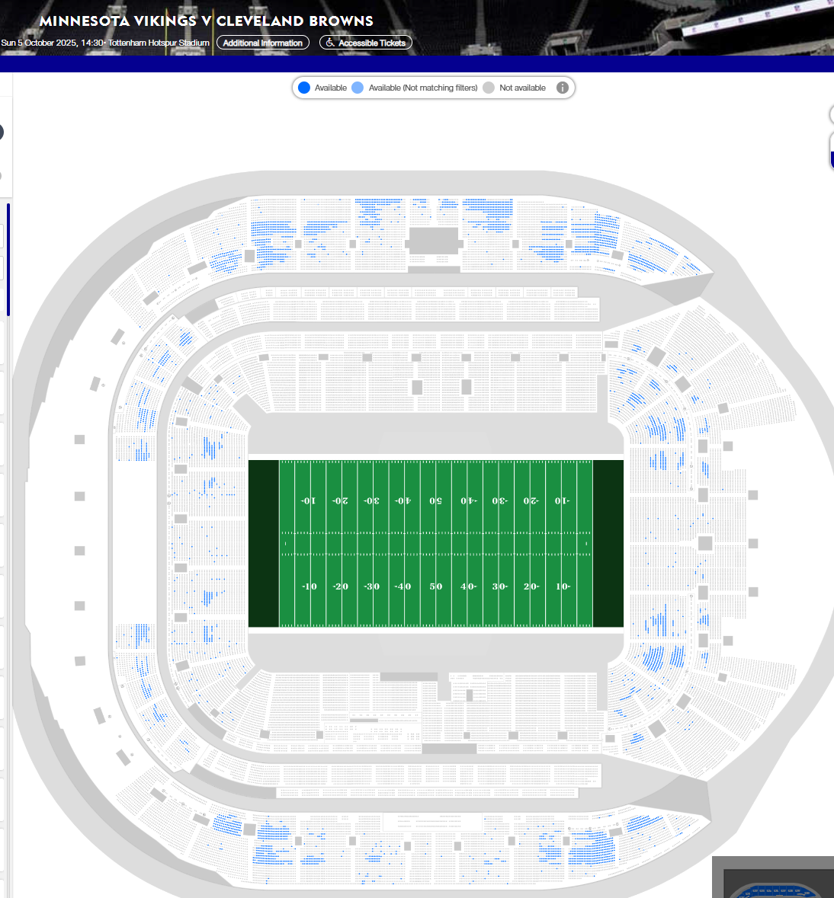 JpGazian's tweet photo. @NFL @NFLUKIRE @nflnetwork @TicketmasterUK 250k people queuing yesterday and ticket availability is as below shows that fans aren't happy with these increases - tickets sold out on day 1 last year, with tickets becoming available here and there as we got closer to the date https://t.co/jYBEtdmB78