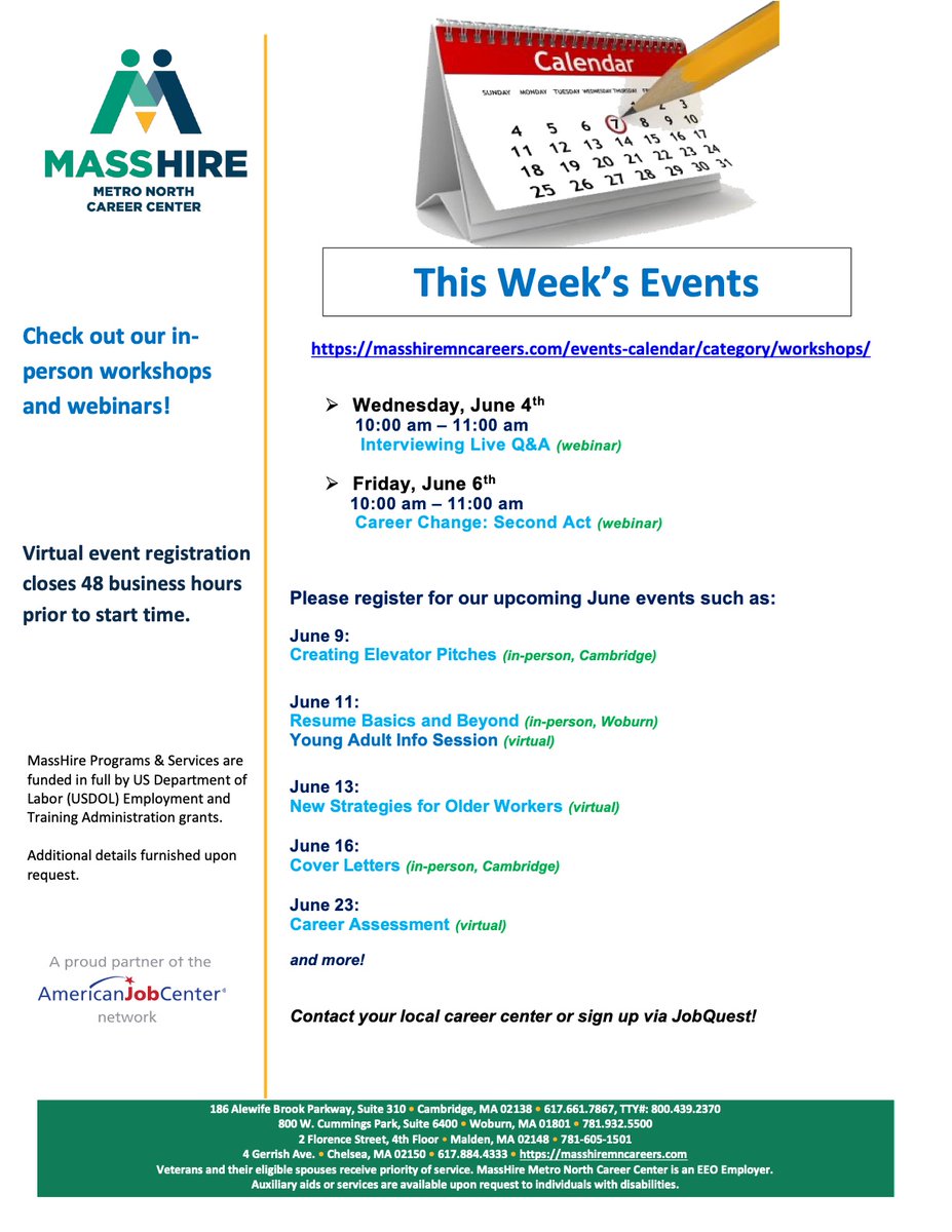 MassHire Metro North Career Center (@masshiremncc) on Twitter photo #masshiremetronorth #careers #workshops #masshire
Check out next week's workshops!  Sign-up here.  conta.cc/3GQ5zu1 #masshiremetronorth #careers #workshops #masshire
Check out next week's workshops!  Sign-up here.  conta.cc/3GQ5zu1
