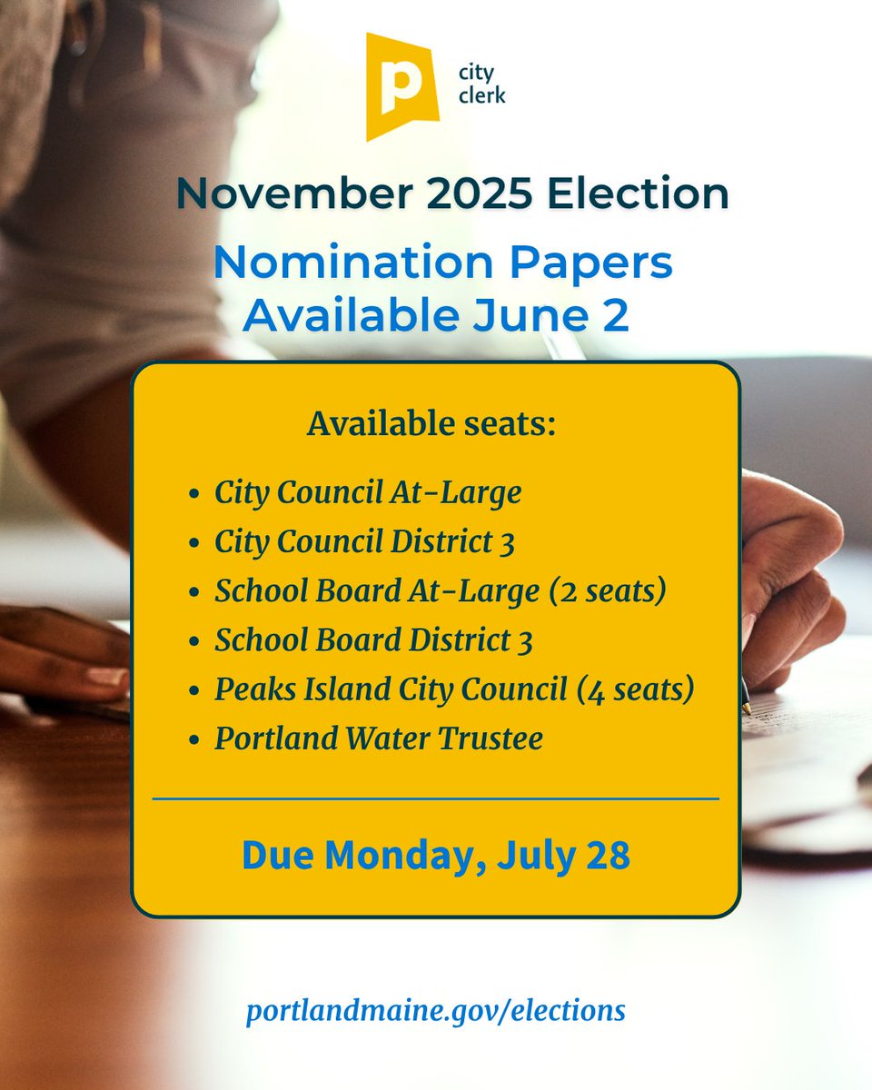 City of Portland, Maine (@cityportland) on Twitter photo Starting MON, 6/2, nomination papers can be taken out for the November 2025 election; they must be returned by MON, 7/28.
Visit portlandmaine.gov/elections to learn more or contact the City Clerk's office: elections@portlandmaine.gov or 207-874-8677. #PortlandMaine Starting MON, 6/2, nomination papers can be taken out for the November 2025 election; they must be returned by MON, 7/28.
Visit portlandmaine.gov/elections to learn more or contact the City Clerk's office: elections@portlandmaine.gov or 207-874-8677. #PortlandMaine