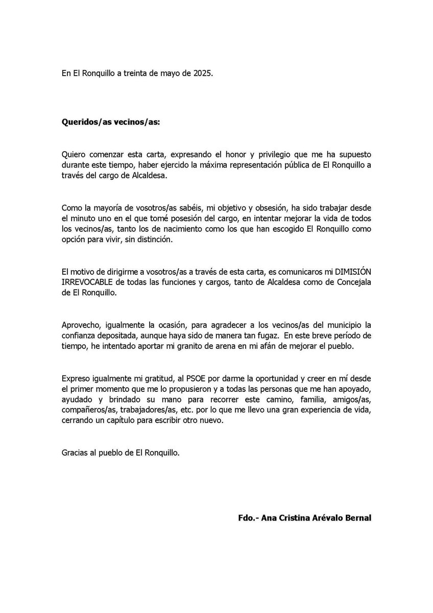 COMUNICADO OFICIAL 
En el día de hoy la alcaldesa, Ana Cristina Arévalo, ha presentado su dimisión en el Ayuntamiento, adjuntando esta carta y manifestando su deseo de que la hagamos llegar a los vecinos y vecinas de nuestro municipio.