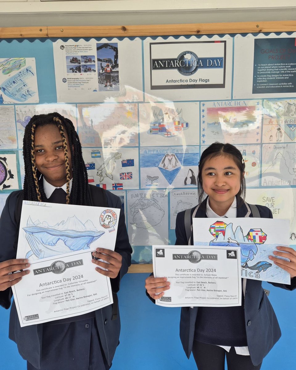 Congratulations to Catherine and Aaliyah whose flags were taken to Rothera Research station by Pati Glaz, a marine biologist with the British Antarctic Survey. We love being involved in this project ⁦<a href="/fiona_616/">Fiona Sheriff 👨‍👩‍👧‍👧🌍</a>⁩ ⁦<a href="/BAS_News/">British Antarctic Survey 🐧</a>⁩