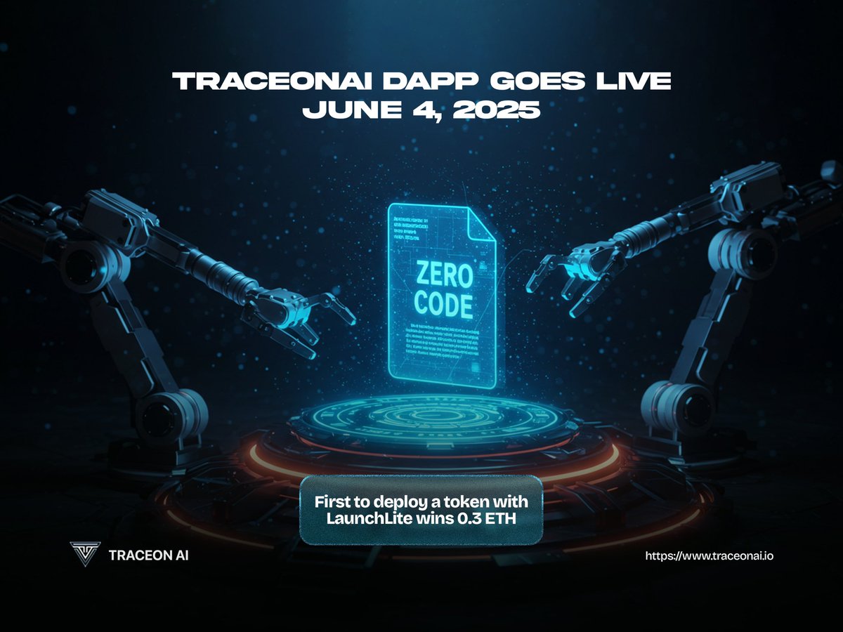🚨 TraceonAI DApp Launch – Wednesday, June 4

We’re excited to announce that the TraceonAI platform officially goes live next week.

With LaunchLite, anyone can deploy fully verified ERC-20 tokens on Ethereum - no code, no hidden fees, and full on-chain transparency.

To