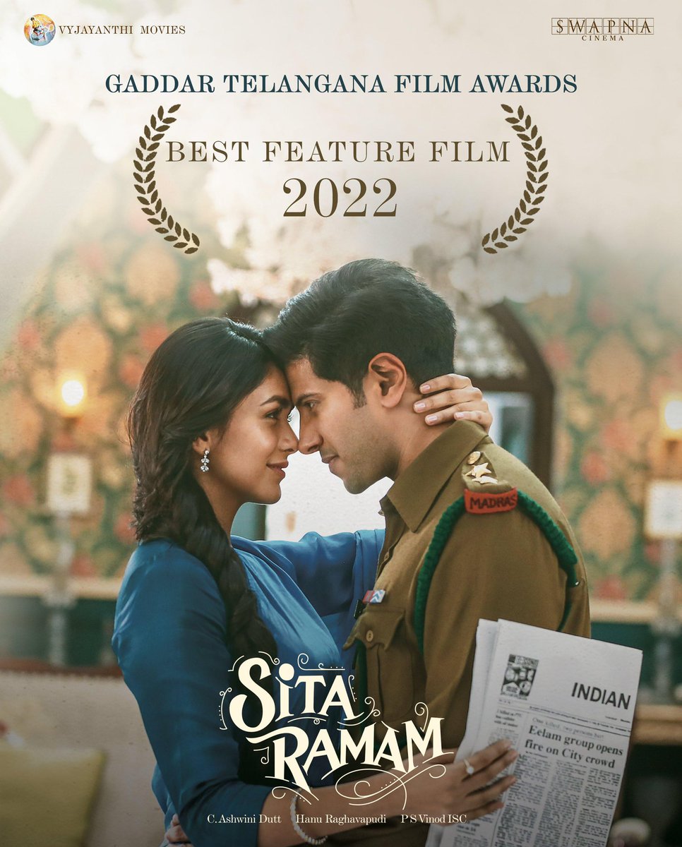 hanurpudi's tweet photo. Humbled and honoured as #SitaRamam is awarded Best Feature Film at the prestigious #GaddarTelanganaFilmAwards 2022 🙏🙏🙏

Being acknowledged by the state is one of the highest honors and motivation for creatives in the industry.

It’s heartening to see the Government of Telangana rekindle this beautiful tradition!
Many thanks to Hon’ble CM @revanth_anumula garu, concerned ministers, officials, and the dedicated team behind this initiative 🙏

@dulQuer @mrunal0801 @iamRashmika @iSumanth @AshwiniDuttCh @Composer_Vishal @VyjayanthiFilms @SwapnaCinema