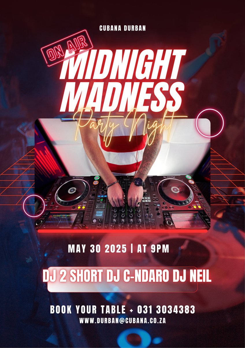 "Party in Style at Cubana Durban! 📷
Where Great Food Meets Good Music 📷
Get ready to groove with DJ 2 Short, DJ C-NDARO, and DJ NEIL from 9PM onwards. 📷 Not only will you be treated to their awesome beats, but you'll also get to enjoy our delicious food.