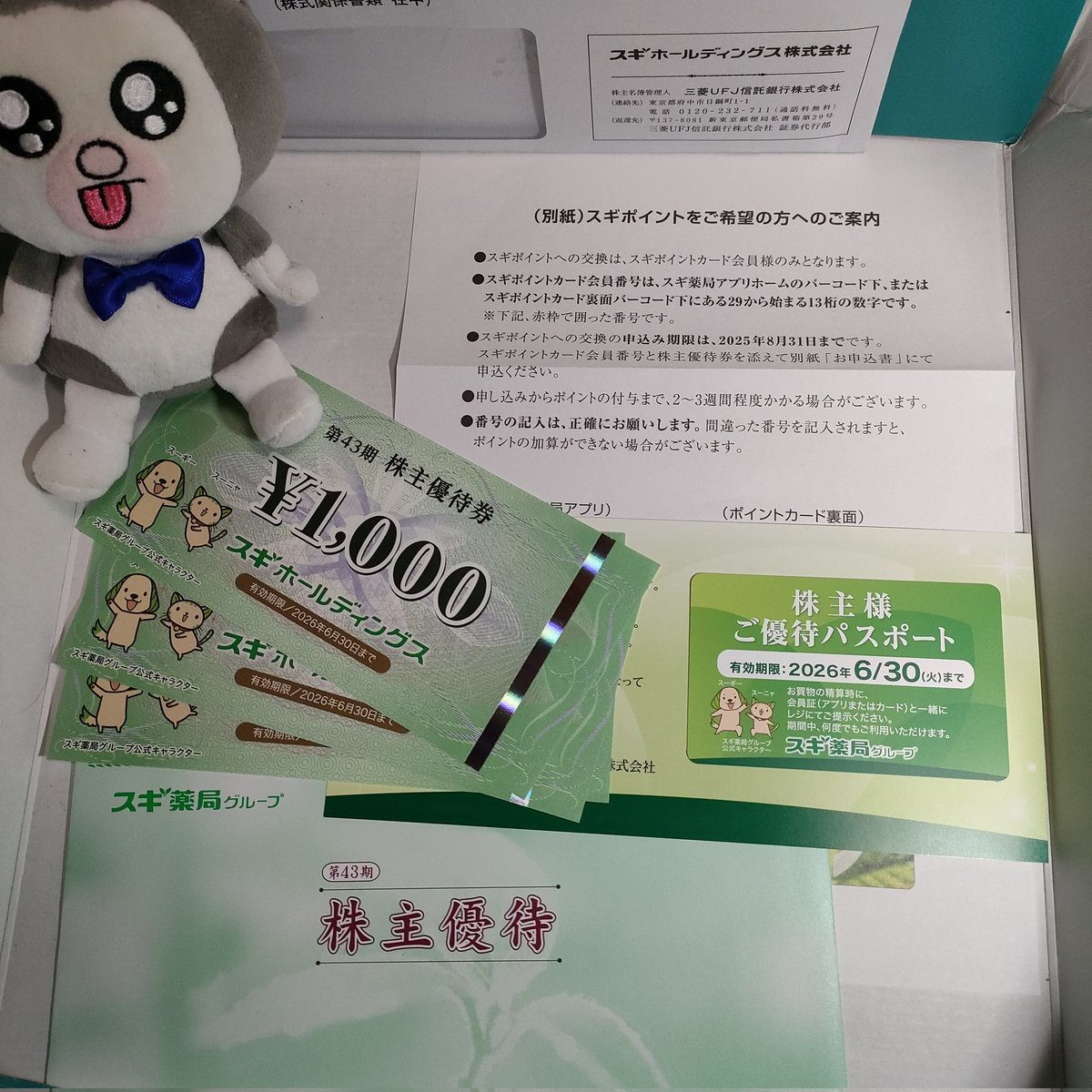 6000円分＋パスポート2枚/スギHD スギ薬局  株主優待＋ディズニー収納袋 スギホールディングス(7649)から株主優待が到着 | Yoshiの株主優待ブログ