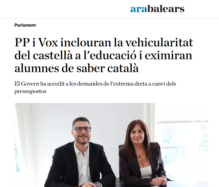🚨 Nou atac al català a les aules: el PP i Vox imposen el castellà com a llengua vehicular i desprotegeixen els docents. 

‼️ Denunciam aquest greu retrocés i avaluarem quines accions emprendre.

🙌🏼 Cal activar-nos per a la resposta.