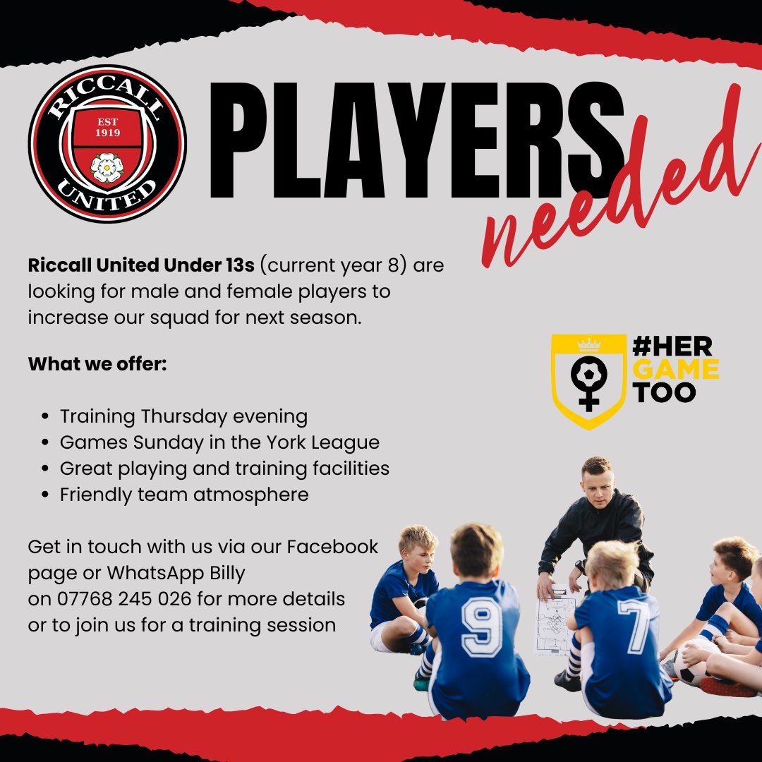 Riccall United Under 13s (current Year 8) are looking for players to increase their squad going into the 25/26 season. Get in touch if you are interested