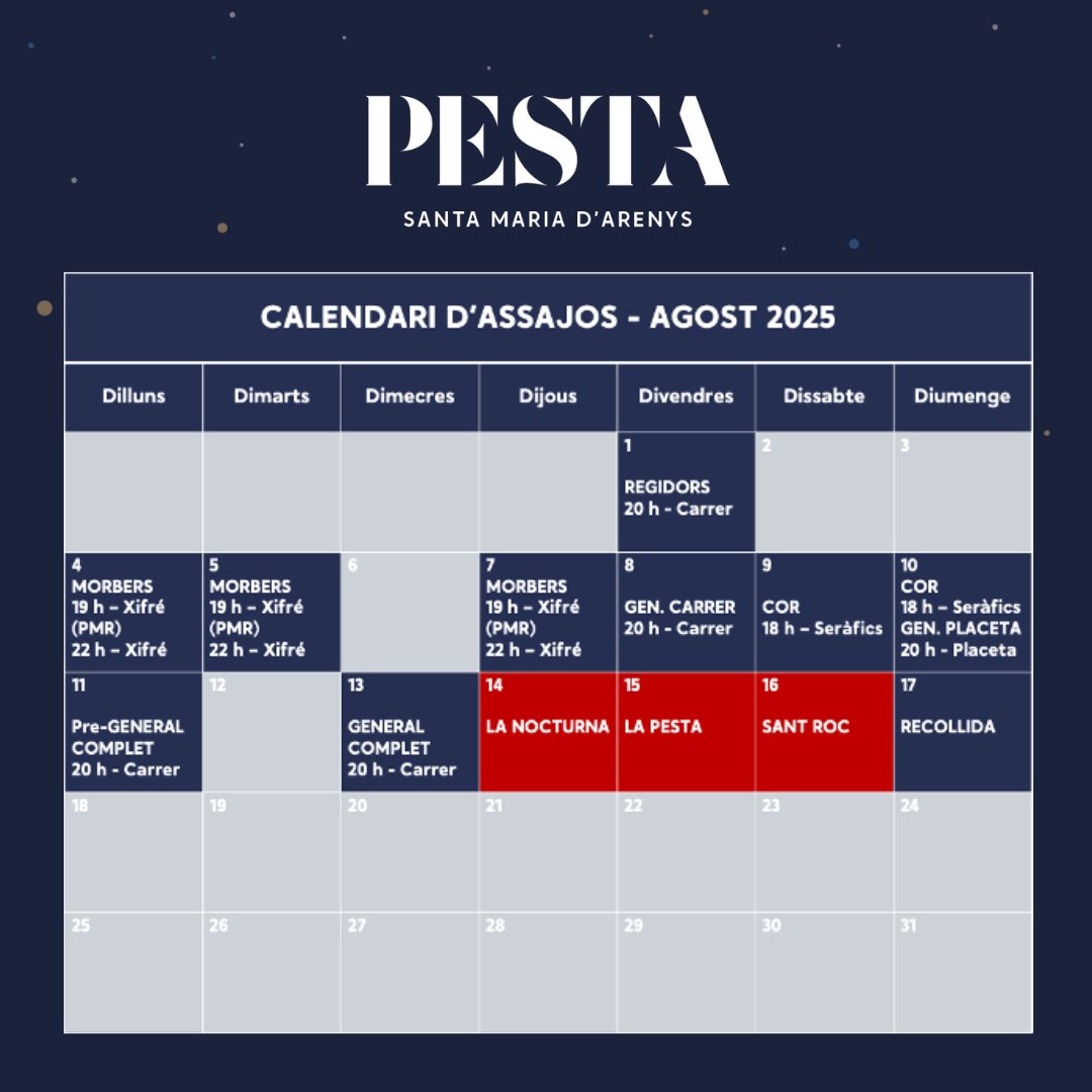 🎭 Recordatori important! 🎭

Estimadíssims amics de La Pesta,

Us recordem que les inscripcions per a LA PESTA 2025 ja són obertes, i que teniu temps fins al diumenge 22 de juny per apuntar-vos! ⏳

👉🏽 Formulari d’inscripció:
forms.gle/4byYSsZUunYDyv…