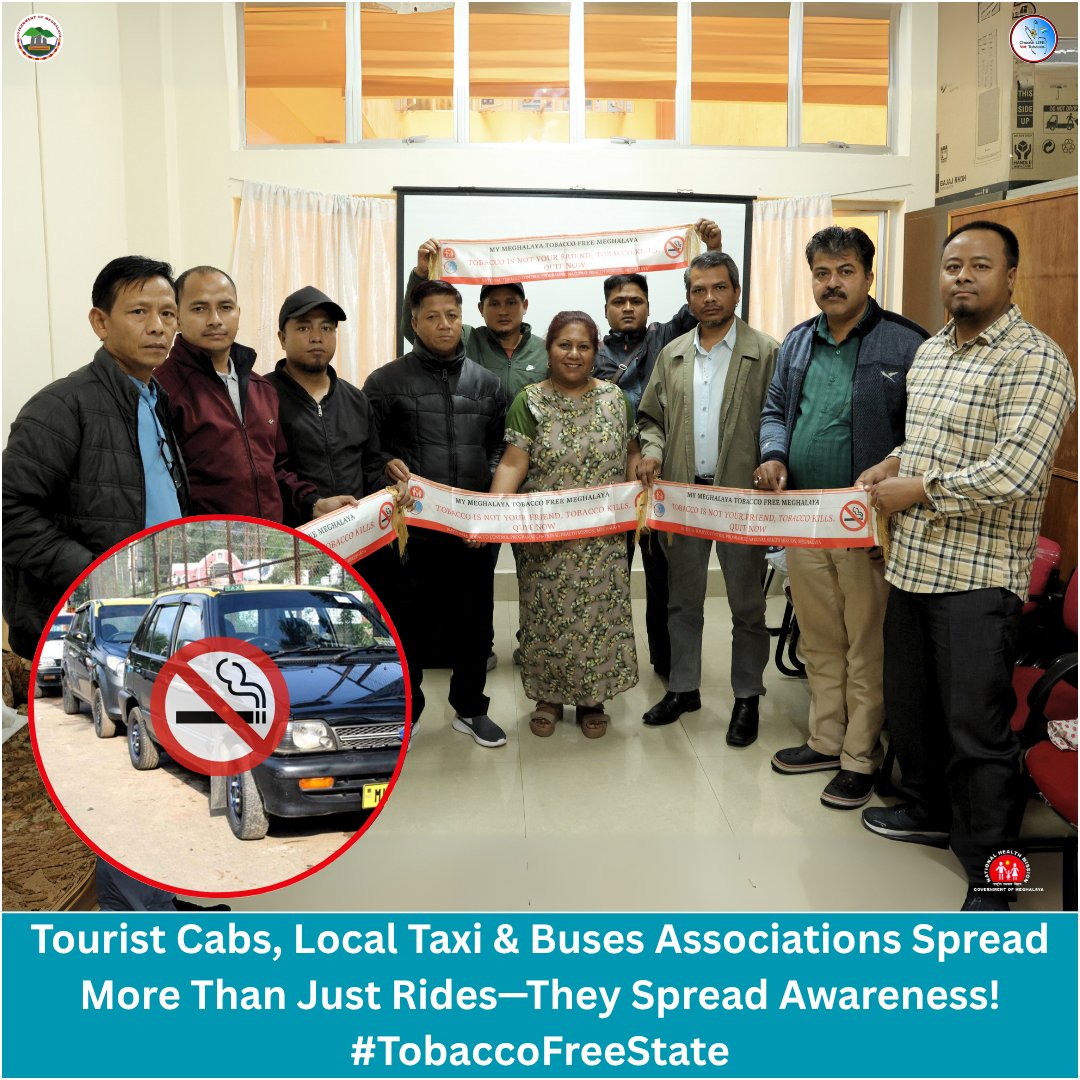 meghalayahealth's tweet photo. Drivers Unite for a Tobacco-Free State!
The SNO, #NTCP, Meghalaya, held a crucial meeting today with Local Taxi, Bus, &amp; Tourist cab drivers Associations to raise awareness about the harmful effects of tobacco &amp; the laws banning its use in public spaces and sale near schools. https://t.co/NRr91oC1c9