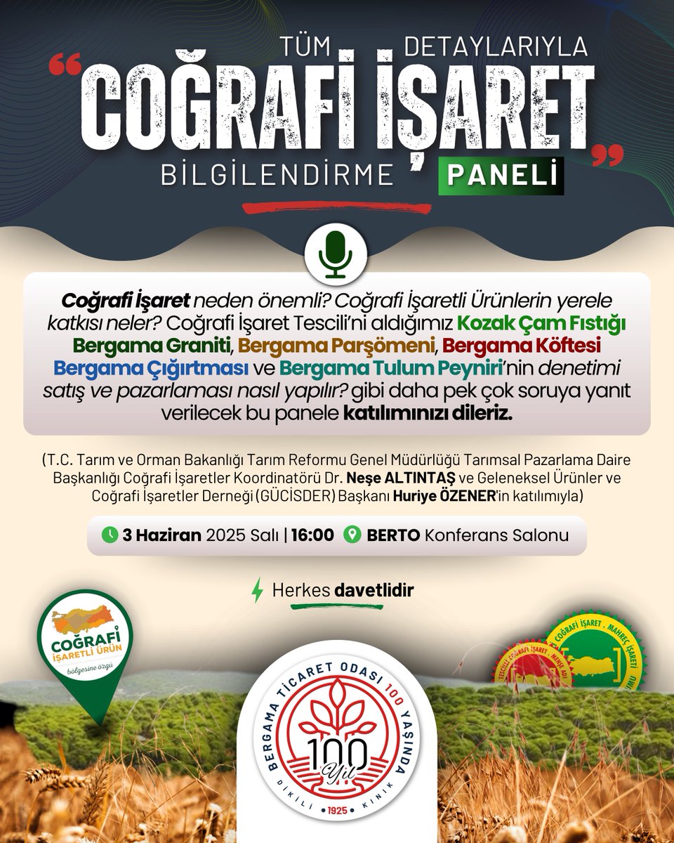 Coğrafi İşaret Tescili’ni aldığımız Kozak Çam Fıstığı, Bergama Graniti, Bergama Parşömeni, Bergama Köftesi, Bergama Çığırtması ve Bergama Tulum Peyniri'nin satış pazarlama ve denetim süreçleri nasıl ilerliyor? gibi daha pek çok soruya yanıt verilecek panele sizleri de bekliyoruz.