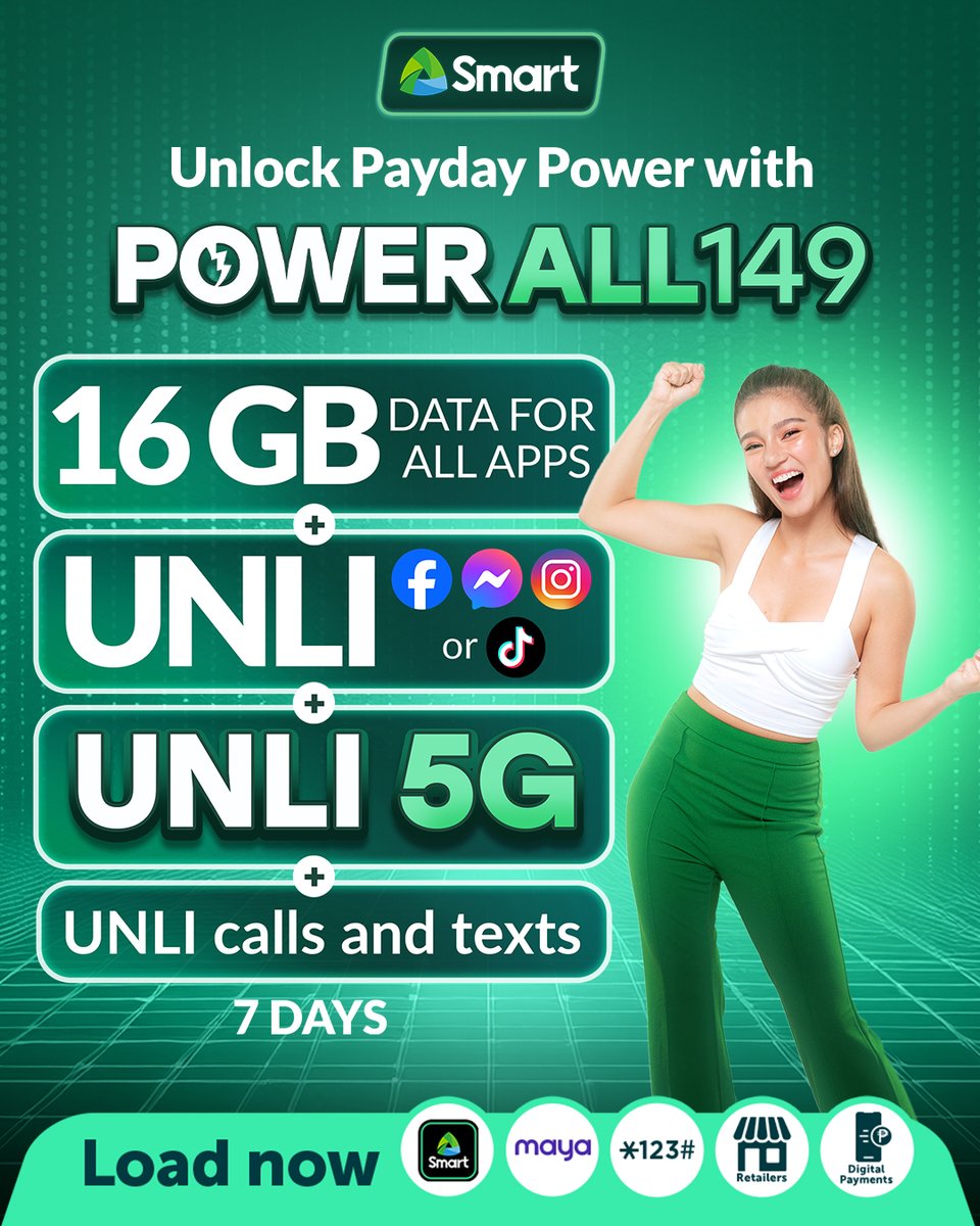 Unlock the ultimate payday with Power All 149! Enjoy 16 GB of DATA + UNLI FB or UNLI TikTok + UNLI Calls and Texts , and UNLI 5G DATA for 7 days!

 LOAD NOW: smrt.ph/PowerAllOLS

#PowerAll