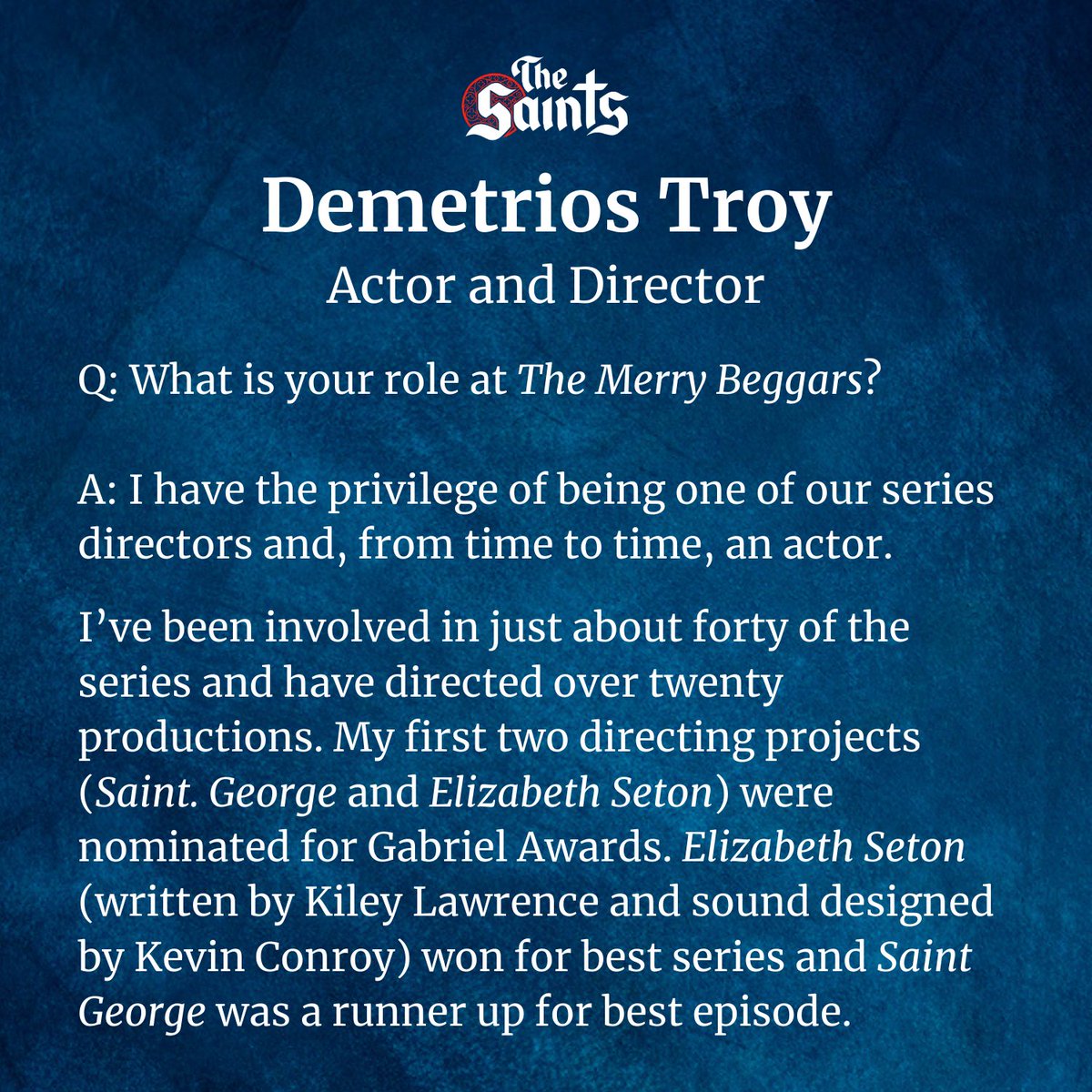 TheMerryBeggars's tweet image. Meet the cast and crew members that bring The Merry Beggars productions from concept to completion!

Listen to Demetrios Troy as Saint Francis of Assissi here: themerrybeggars.com/episodes/ts4-1…

#CatholicCreatives #AudioDramaDirector #VoiceActing