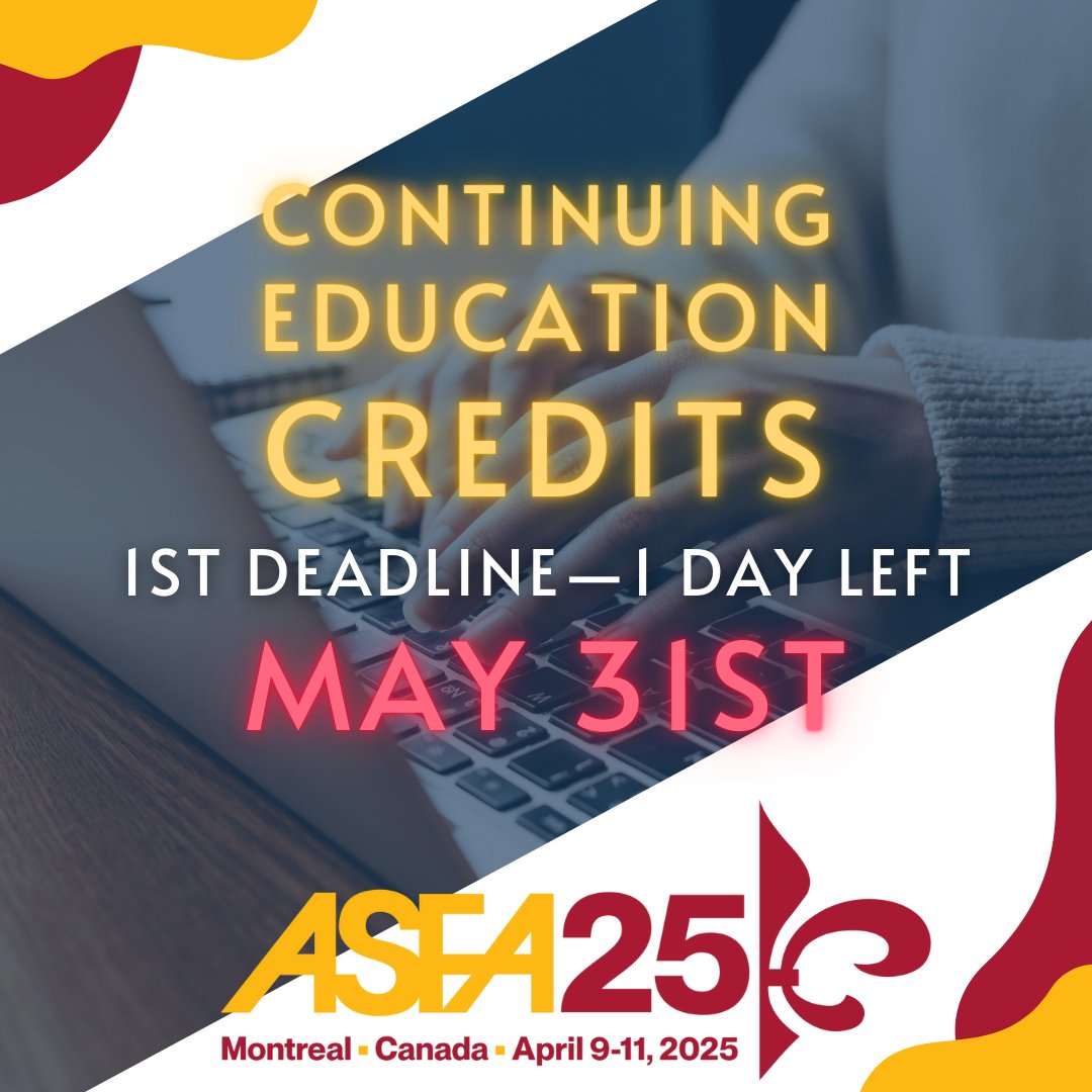 🎓1 Day Left to Claim your CME, CEU &amp; CMLE credits for #ASFA2025!

⏰1st credit deadline: THIS Saturday, May 31
*On-demand recordings are now available.

✅In-person: Up to 33.5 credits
✅On-demand: Up to 28.5 credits

🔗Learn more: ow.ly/IRU250VMlGc

#CME #CEU #CMLE