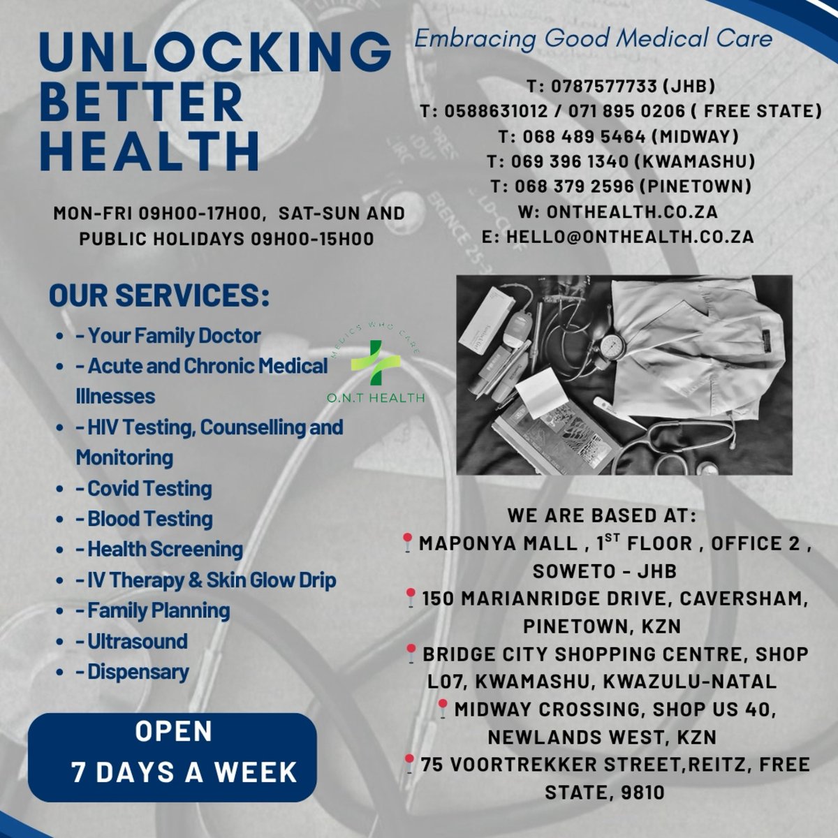 MedicsWhoCare's tweet image. As O.N.T Health, we always make sure to prioritize our patient’s medical needs at all times 💚
Make your way to any of our practices for all your medical needs today.
All practices are open until 17:00 .
By Dr. O.N. Vilakazi @OlwethuVilakazi