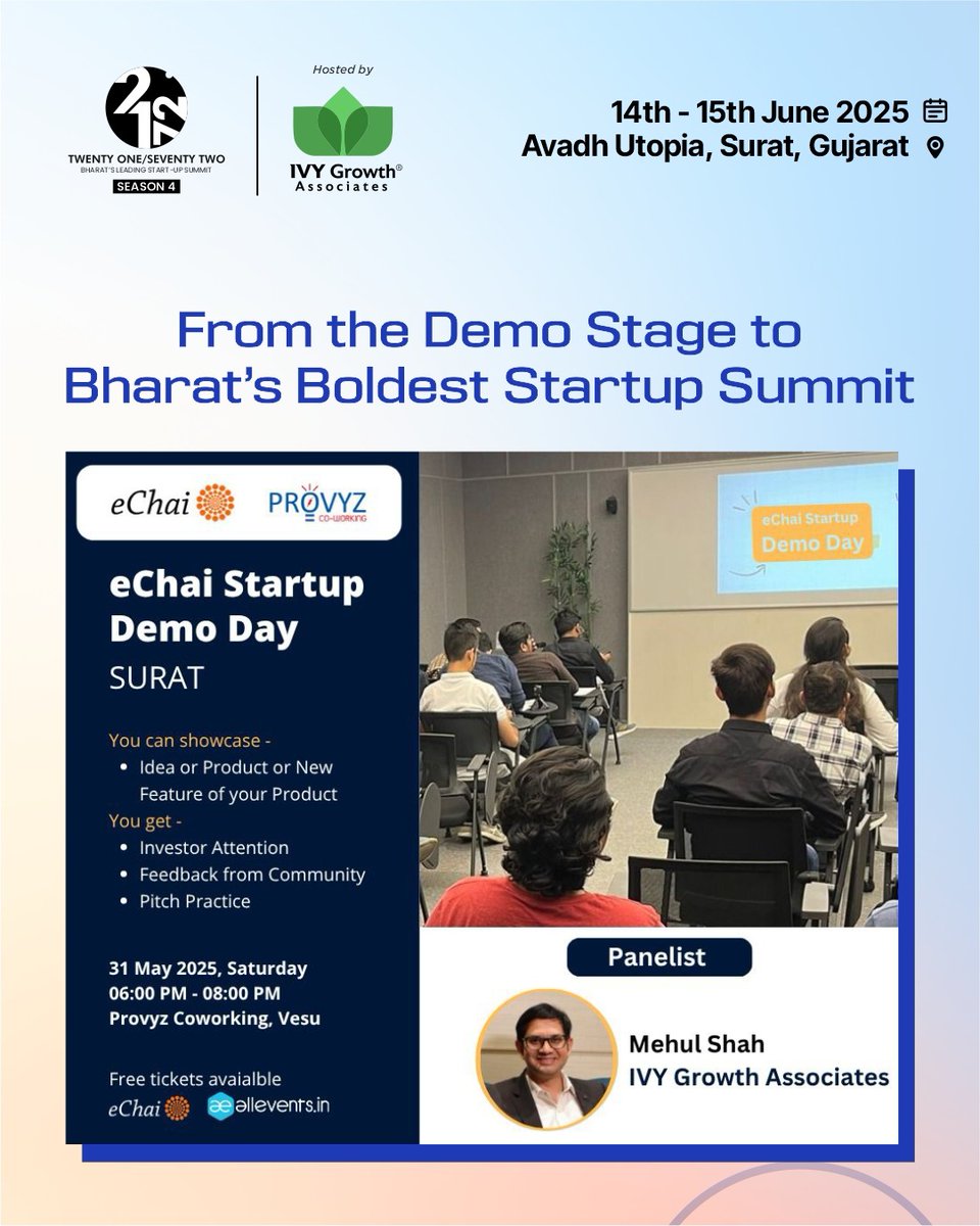 Ivy Growth Associates (@ivygrowth) on Twitter photo ๐ From Demo Stage to India's Boldest Startup Summit!
One startup from <a href="/eChaiVentures/">eChai Ventures</a> Demo Day gets to pitch at #21BY72 in front of 85+ investors & 100+ VC funds.
๐๏ธ May 31 | 6โ8PM | Provyz, Vesu
๐ค Panelist: <a href="/mehulshahca/">The Startup CA</a>
#IVYGrowth #Startup #eChaiSurat #StartupIndia ๐ From Demo Stage to India's Boldest Startup Summit!
One startup from <a href="/eChaiVentures/">eChai Ventures</a> Demo Day gets to pitch at #21BY72 in front of 85+ investors & 100+ VC funds.
๐๏ธ May 31 | 6โ8PM | Provyz, Vesu
๐ค Panelist: <a href="/mehulshahca/">The Startup CA</a>
#IVYGrowth #Startup #eChaiSurat #StartupIndia