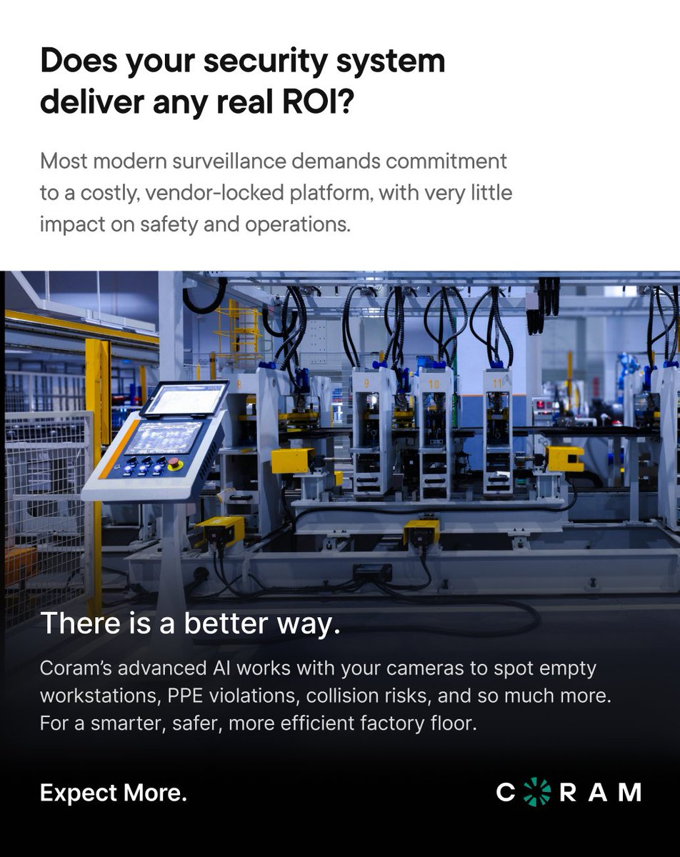 Coram_AI's tweet photo. Most factory security is outdated, blind to real risks like missing PPE, absent workstations, and forklift collisions.

Coram changes that, with real-time AI alerts, unified camera control, and seamless integration with your network.

Coram is smarter, safer, and more efficient. https://t.co/Vyfnls8Hvz