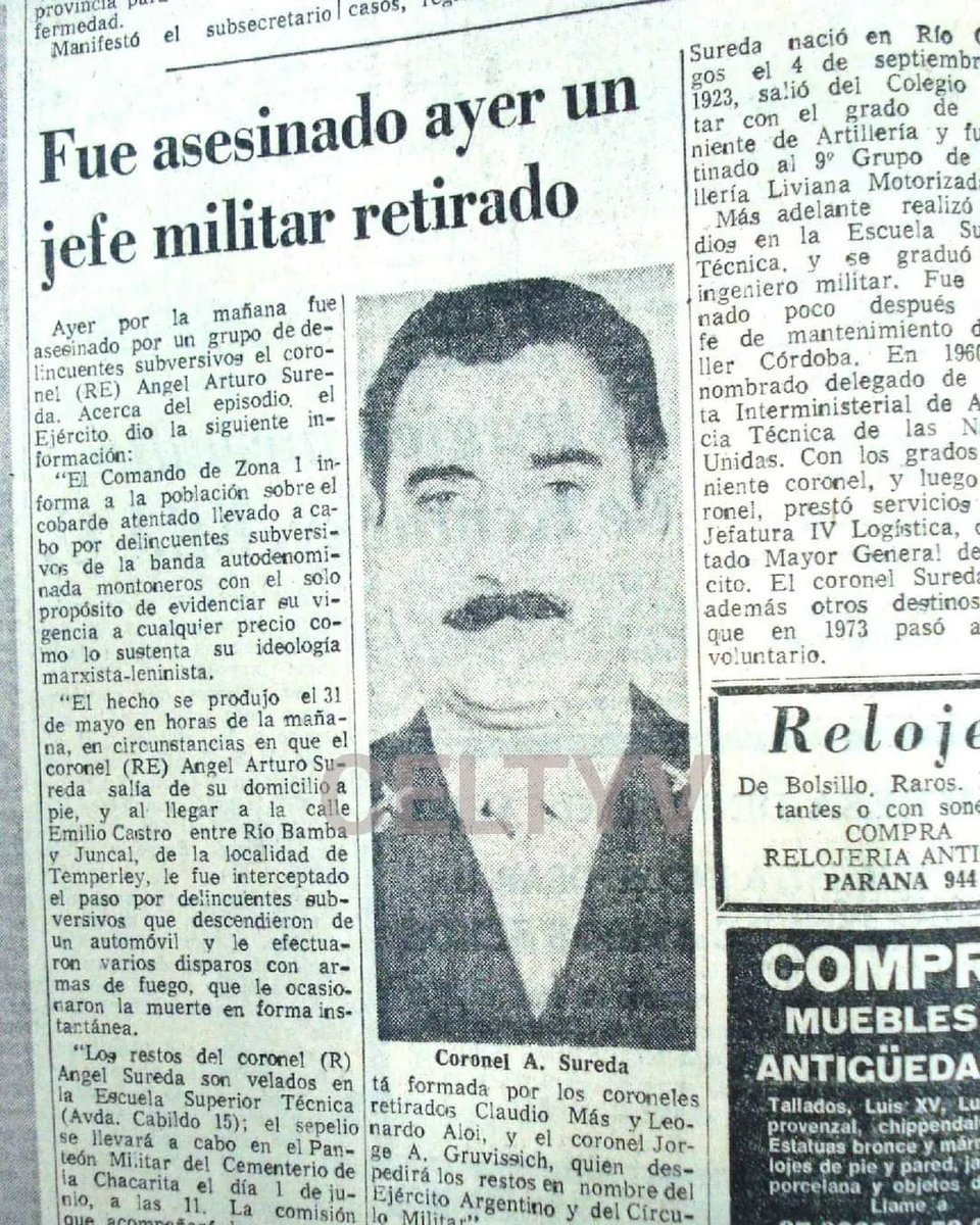celtyv's tweet photo. El Coronel retirado Angel Arturo Sureda fue asesinado por Montoneros el 31 de mayo de 1977 cuando salía de su casa en Temperley, Buenos Aires. https://t.co/AL2llZKrwY