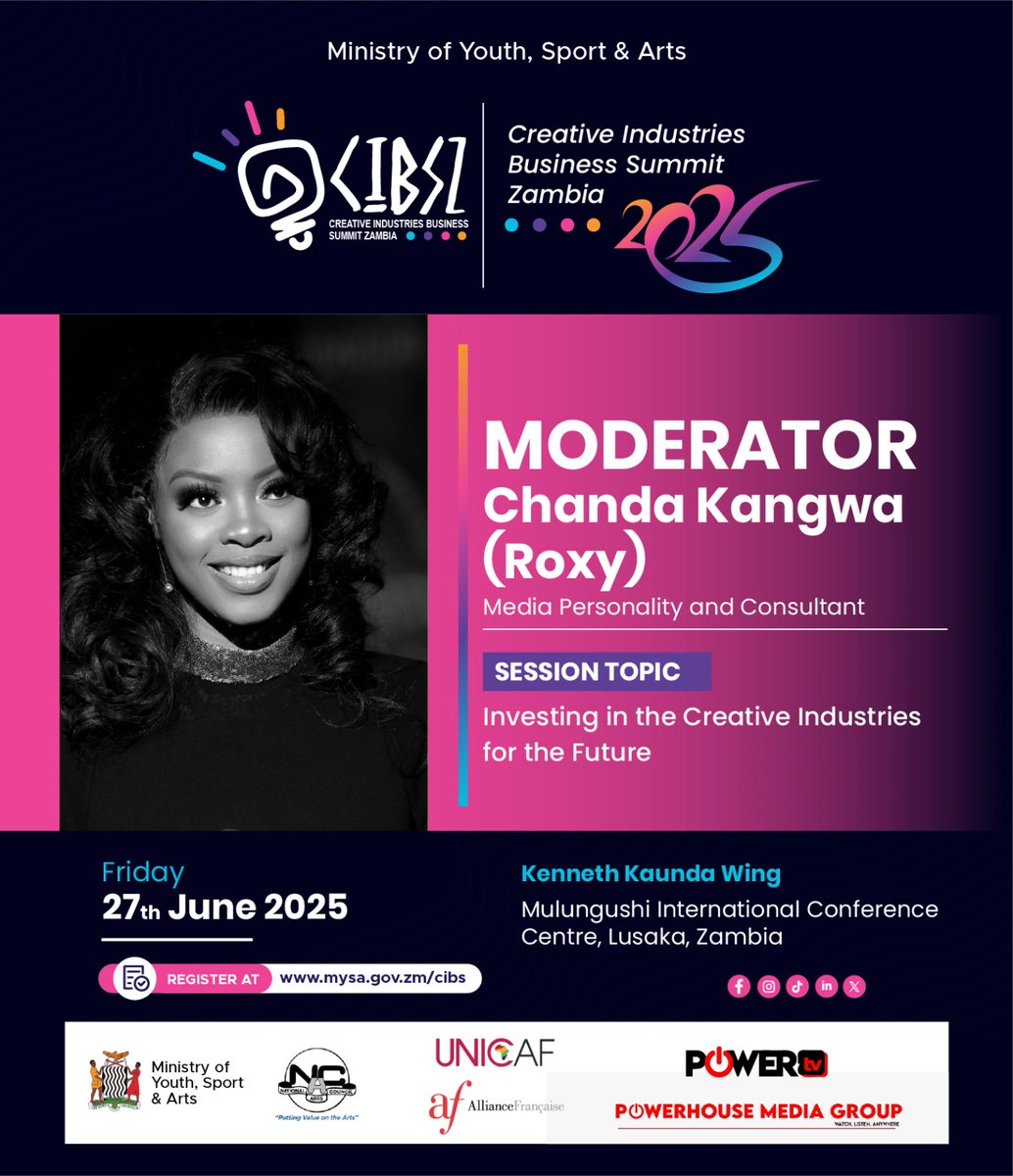 Investing in Creativity's Future! 🌟 Chanda Kangwa (Roxy), Media Personality and Consultant, moderates the discussion on "Investing in the Creative Industries for the Future" at CIBS 2025! 🌎💡 Register now: mysa.gov.zm/cibs #CIBS2025 #CreativeInvestments #FutureFocus
