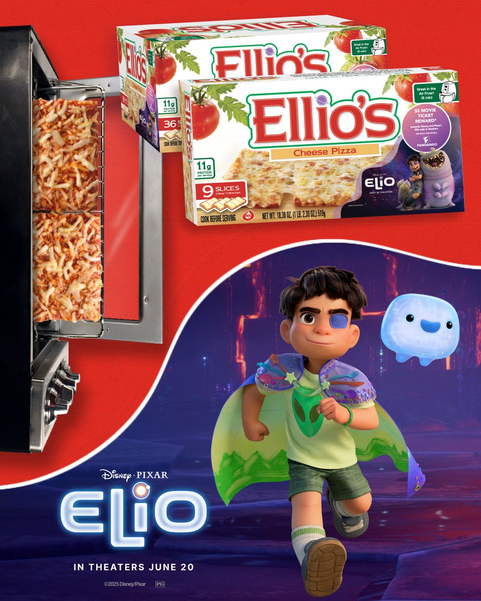 We don’t know if aliens eat pizza… 👽🍕

But we do know Elio is a must-watch! 🎬✨

Celebrate the release of Disney and Pixar’s #Elio with Ellio’s! 🍕🚀 Only in theaters June 20th! 🌟🎉

Disney &amp; Pixar’s #Elio, only in theaters June 20

<a href="/Disney/">Disney</a> <a href="/Pixar/">Pixar</a>