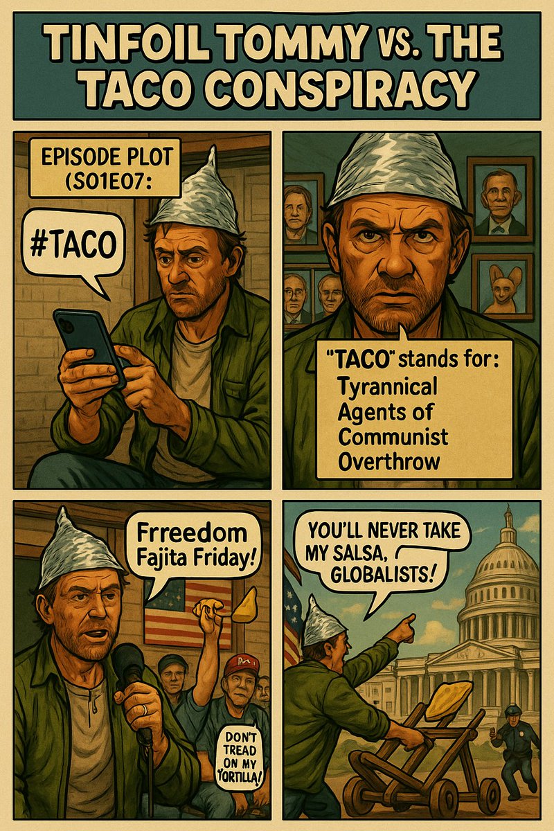 JOP_1985's tweet image. 🚨 NEW EPISODE: TinFoil Tommy vs. The Taco Conspiracy 🌮

Tommy uncovers the truth behind #TACO:
Tyrannical Agents of Communist Overthrow.
Spoiler: Pelosi, Obama &amp;amp; the Taco Bell dog are involved.

“You’ll never take my salsa, globalists!”

#TacoGate #JoSatiricoStyle