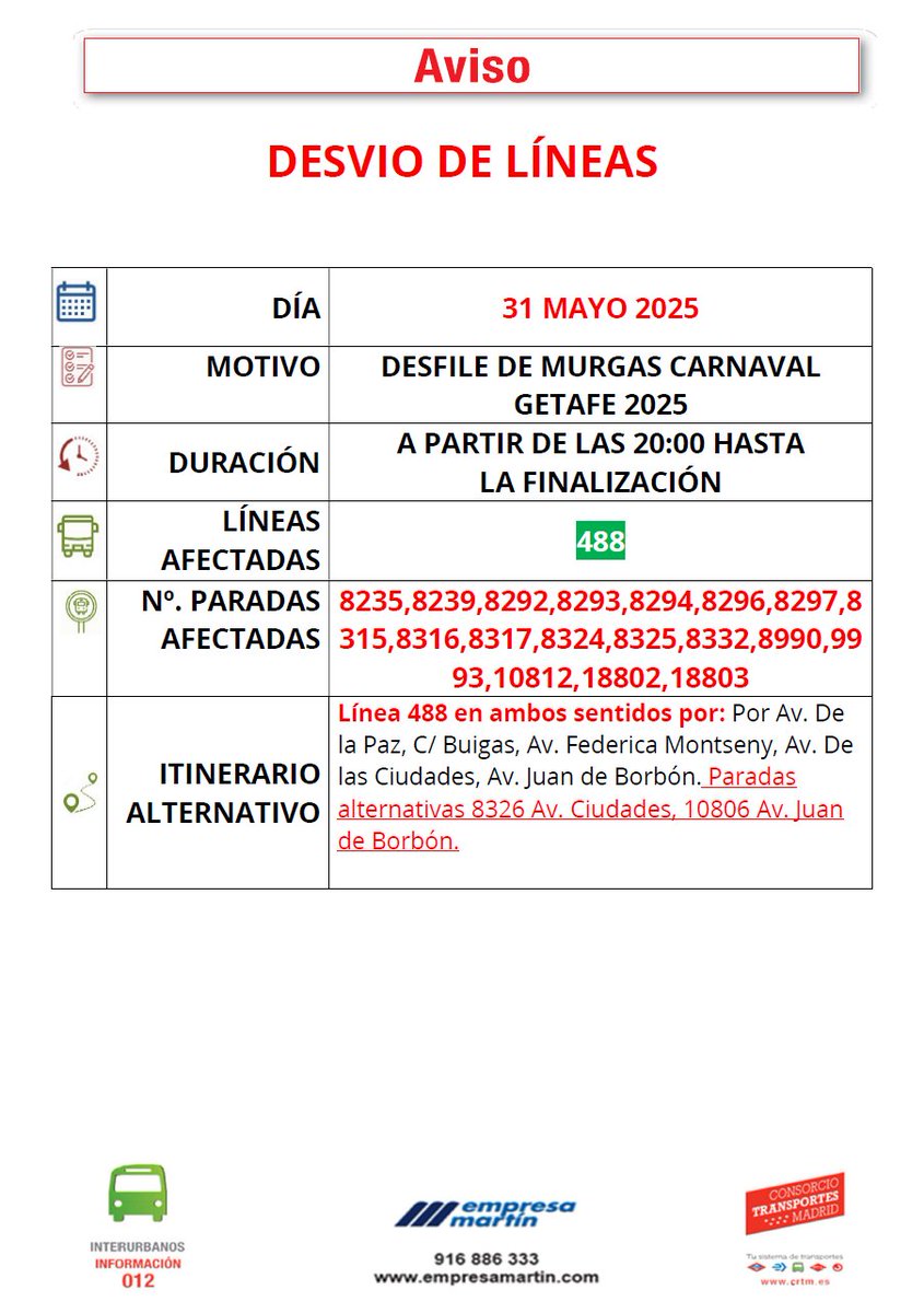 ⚠️ AVISO IMPORTANTE ⚠️

Desvíos de la línea 488 por el Desfile de Murgas. 

🗓️ 31 de mayo
🕗 Desde las 20:00 hasta la finalización 

Disculpen las molestias.