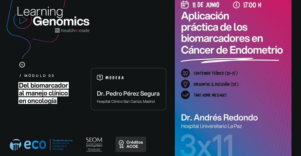 Fundación ECO (@fundacioneco) on Twitter photo 📘 ¿Te gustaría actualizar tus conocimientos en biomarcadores para #cáncer de endometrio?
➡️ El próximo 11 de junio, te acercamos una nueva sesión #LearningGenomics by <a href="/health_in_code/">Health in Code</a> con los Dres. Andrés Redondo y <a href="/perezsegura09/">Pedro Perez Segura</a>
Inscripciones 👇
acortar.link/J0bUs1 📘 ¿Te gustaría actualizar tus conocimientos en biomarcadores para #cáncer de endometrio?
➡️ El próximo 11 de junio, te acercamos una nueva sesión #LearningGenomics by <a href="/health_in_code/">Health in Code</a> con los Dres. Andrés Redondo y <a href="/perezsegura09/">Pedro Perez Segura</a>
Inscripciones 👇
acortar.link/J0bUs1
