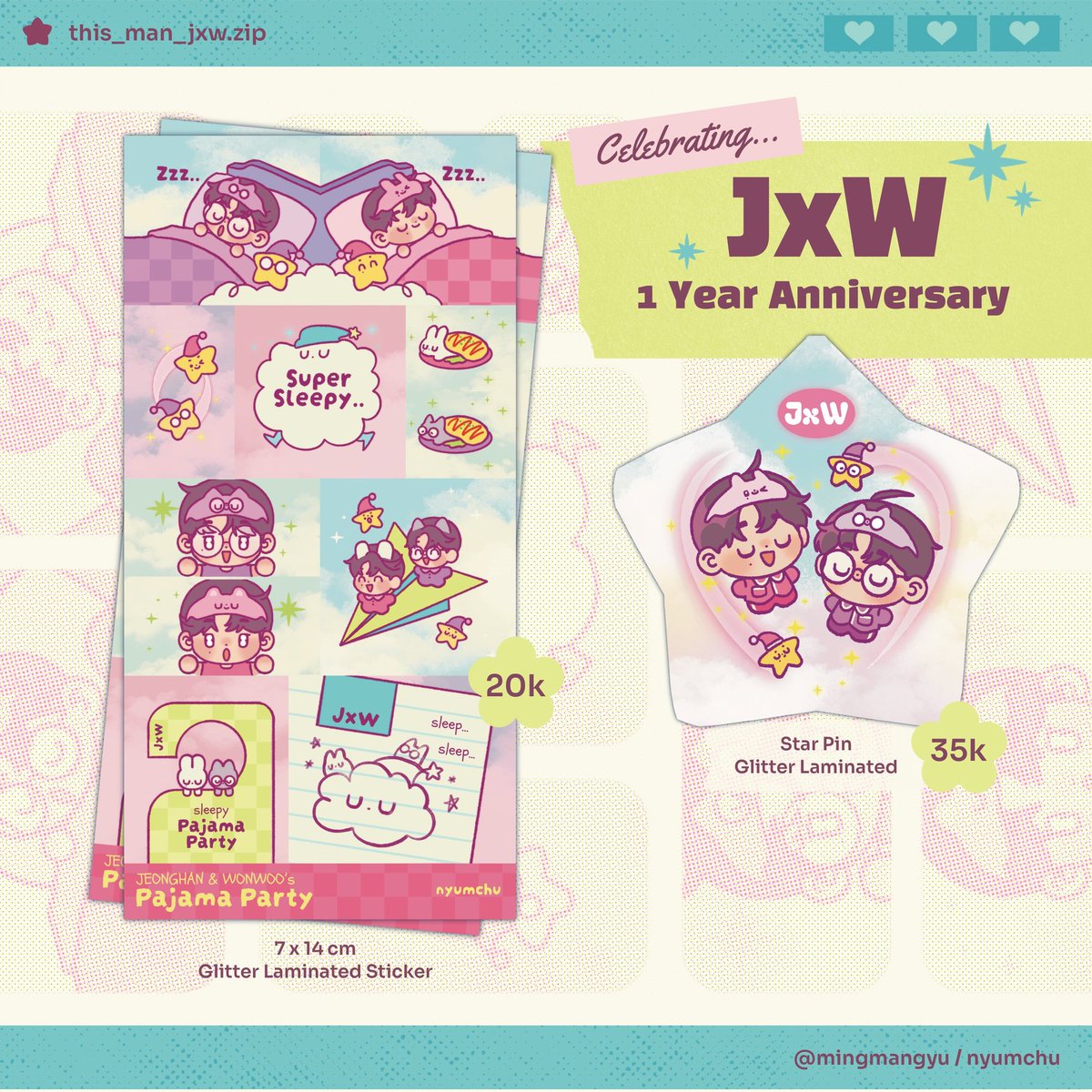 [rts &amp; likes are very appreciated!]

hii carats! jxw anniversary is coming really soon 👼🐈‍⬛💫 &amp; aku mau open pre order untuk mini anniversary kit ini!! bisa beli satuan juga 🩷(˃͈ ˂͈ )

kalau ada yang mau ditag pas open po, please kindly drop your username below! thank you 🩵