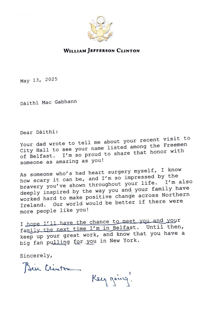 Donate4Dáithí (@donate4daithi) on Twitter photo It’s not every day a letter comes through door in Ballymurphy from a former US President… 🩷 #OrganDonation
<a href="/BillClinton/">Bill Clinton</a> It’s not every day a letter comes through door in Ballymurphy from a former US President… 🩷 #OrganDonation
<a href="/BillClinton/">Bill Clinton</a>