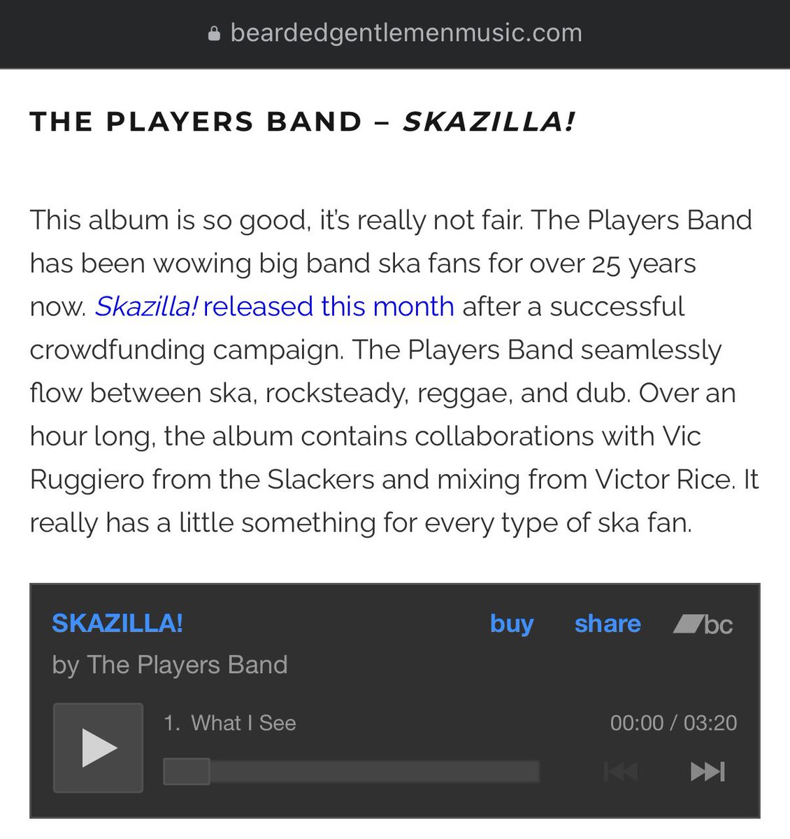 Check out this spot on review of SKAZILLA! from our friends at Bearded Gentlemen Music / Ska, Punk, and Other Junk.  Thanks for helping us spread the word.

Pick it up for yourself!
theplayersband.com/shop/