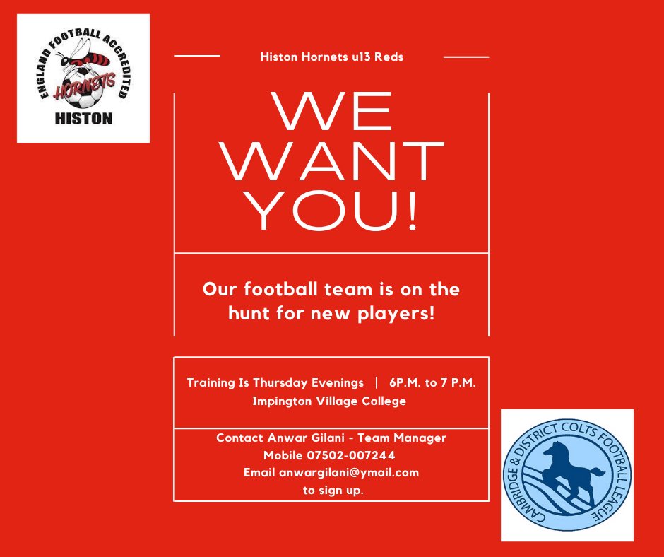 Under 13 Boys (Reds) looking for Players , Want a new Challenge come and join the Hornets !