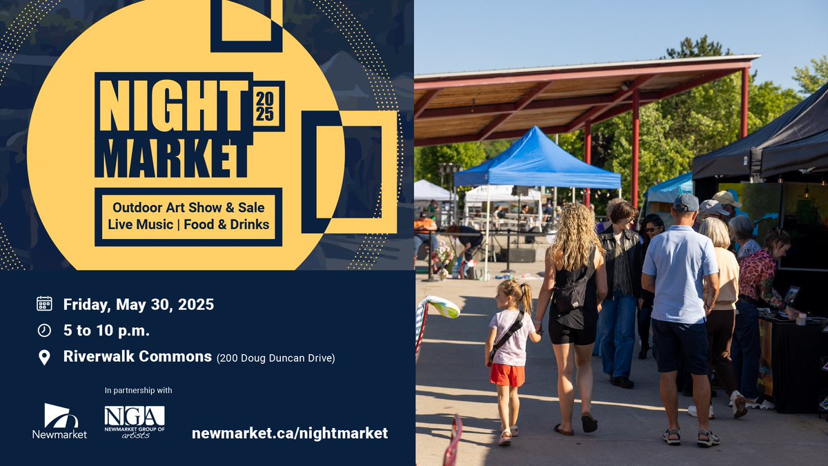 Stroll, shop and surround yourself with creativity tonight at the Night Market with the #Newmarket Group of Artists! Connect with local artists, enjoy great food and live music.

📅 Tonight (May 30) | 5 to 10 p.m.
📍 Riverwalk Commons
Info: newmarket.ca/nightmarket