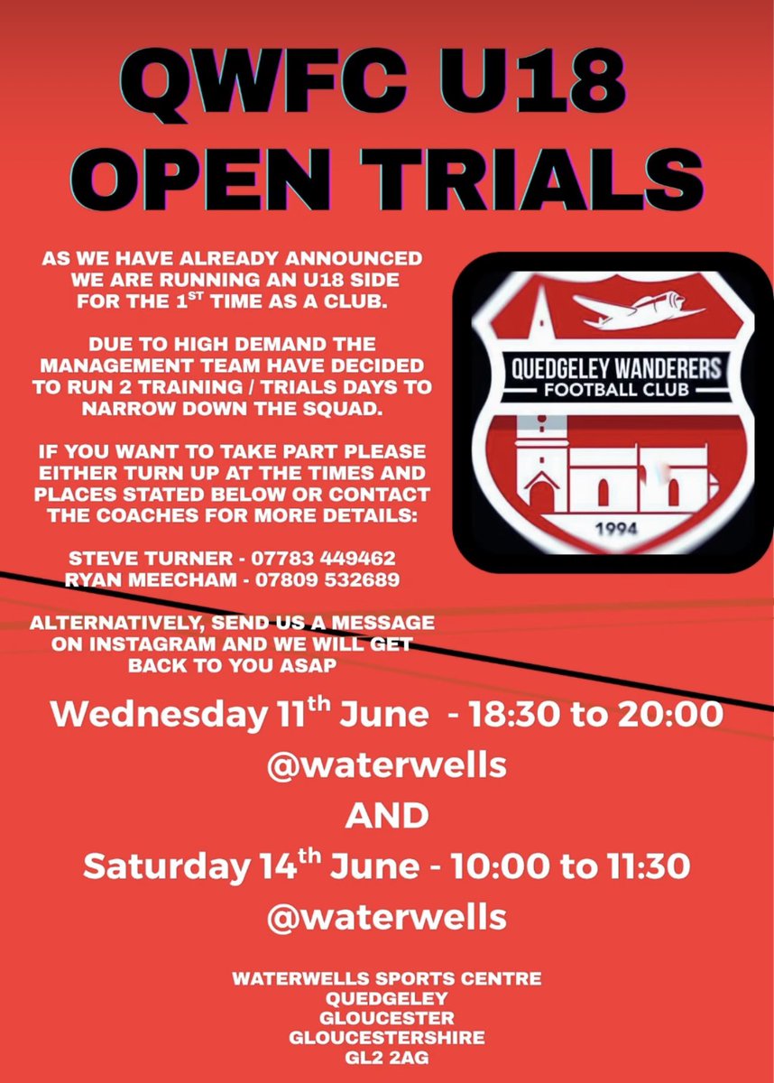 Quedgeley Wanderers FC (@qwfc94) on Twitter photo 🔊🔊U18’s Open Trials🔊🔊
For anyone interested in coming along or for more information please get in contact.
<a href="/SevernSport/">Severn Sport</a> <a href="/GlosCounty/">Glos County League</a> <a href="/CheltYFL/">Cheltenham Youth League</a> 🔊🔊U18’s Open Trials🔊🔊
For anyone interested in coming along or for more information please get in contact.
<a href="/SevernSport/">Severn Sport</a> <a href="/GlosCounty/">Glos County League</a> <a href="/CheltYFL/">Cheltenham Youth League</a>