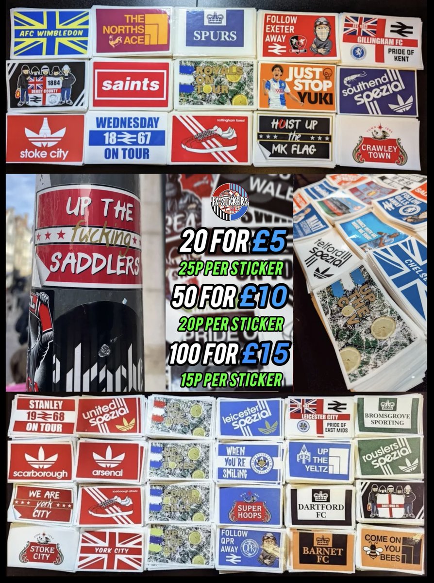There’s a variety of offers on our mix &amp; match stickers including:
🔥 100 stickers for just £15, only 15p each 🔥

#UpTheStickers #MarkYourTerritory

#BCAFC #SCFC #AFCW #DCFC #SouthendUnited #CrawleyTown #SWFC #MKDons #Gills #ECFC #Spurs #ReadingFC #SaintsFC #WFC #PUSB