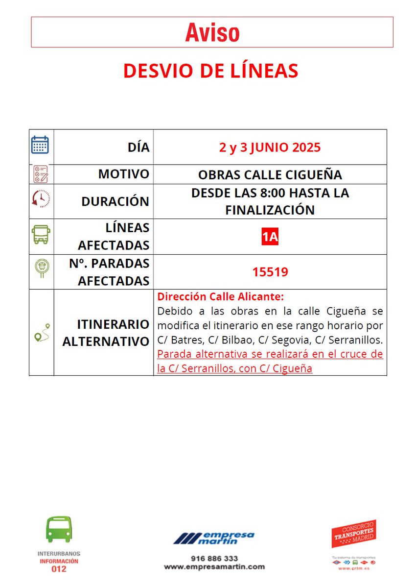 ⚠️ AVISO IMPORTANTE ⚠️

Desvíos en la línea 1A por obras en la calle Cigüeña.

🗓️ 2 y 3 de junio
🕥 Desde las 08:00 hasta la finalización

Disculpen las molestias.