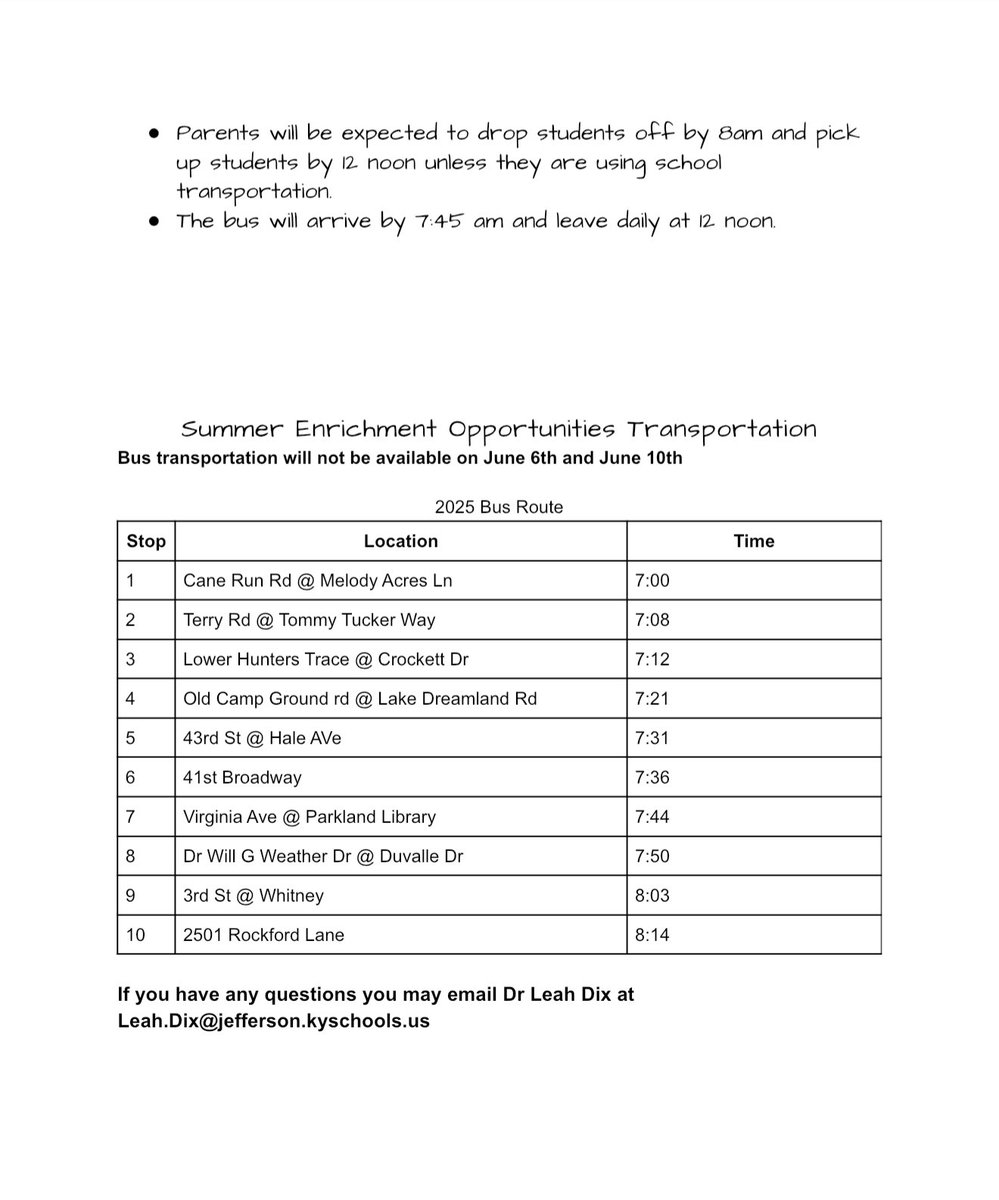 🎓 Summer School starts next week!
📅 June 3–24
⏰ 8:00 AM – 11:30 AM
🥞🍽️ Breakfast &amp; lunch provided
🚌 Transportation available (see attached for bus stop info)

Summer school is a GREAT opportunity to boost skills, stay on track, and build confidence in a supportive setting.