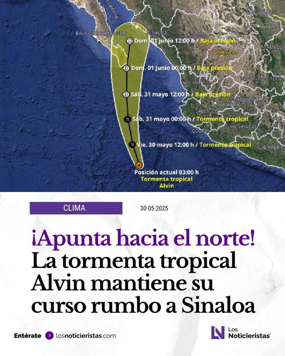 noticieristas's tweet photo. 🌀⛈️| La tormenta tropical Alvin sigue rumbo al norte de #Sinaloa y se ubicaría frente al estado el domingo como depresión tropical, provocando lluvias abundantes sin vientos fuertes.

Info 📲 https://t.co/SfjQiGXEBO https://t.co/SnA5ZPzEix