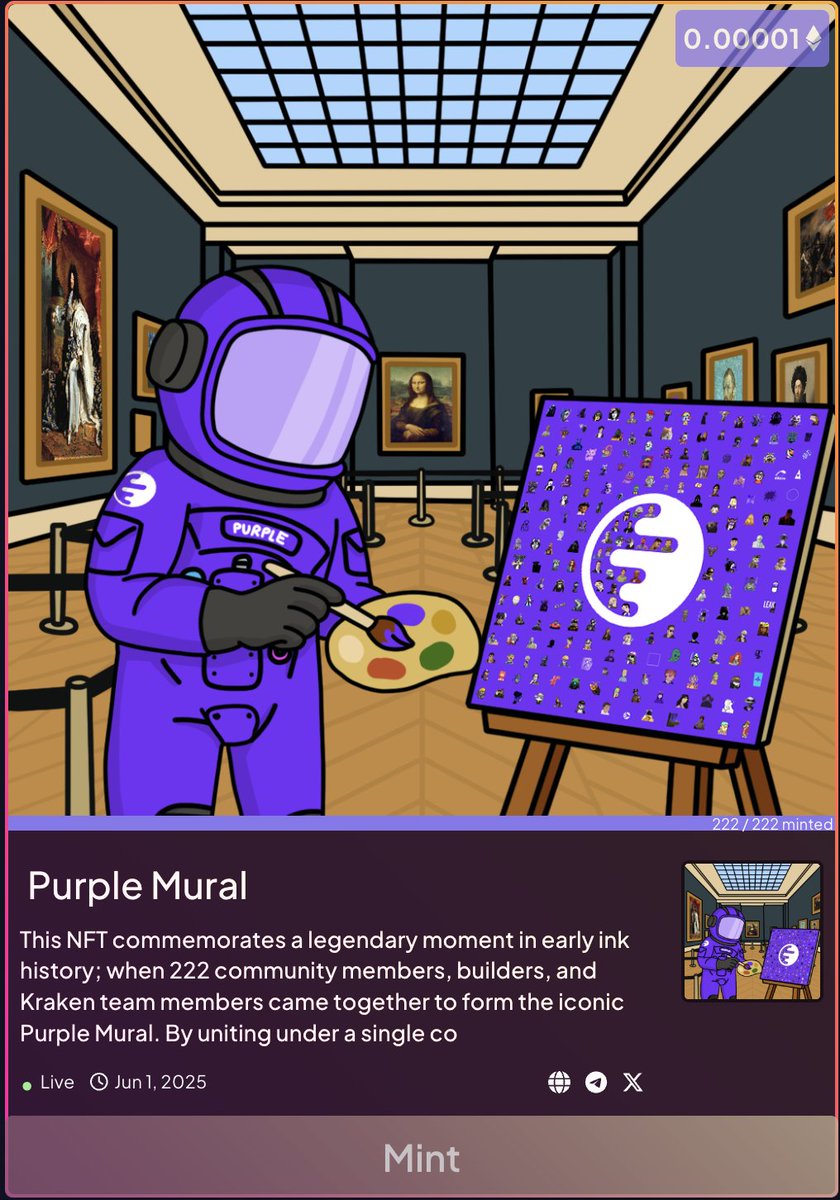 🎉 Purple Mural Completion Celebration! 🫟

To honor this iconic moment in ink history, we’ve minted 222 NFTs. One for each legendary PFP that made up the original Purple Mural

If you were part of it, we’ll reach out and send you your NFT completely free

A tribute to the OGs.