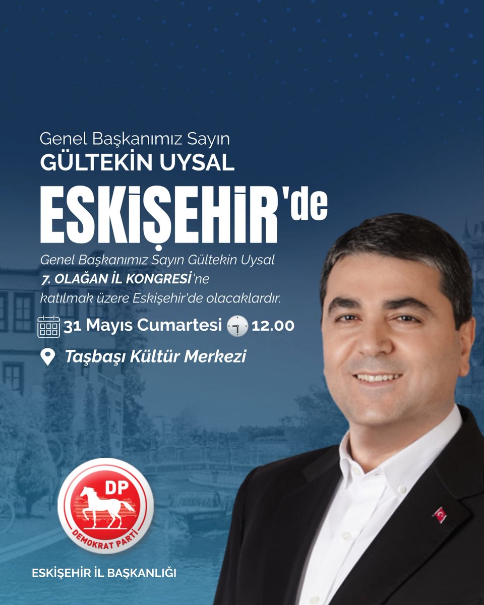 Demokrat Parti (@_demokratparti) on Twitter photo Genel Başkanımız Sayın Gültekin Uysal <a href="/DpGultekinUysal/">Gültekin Uysal</a> 31 Mayıs Cumartesi Eskişehir'de olacaklardır. Genel Başkanımız Sayın Gültekin Uysal <a href="/DpGultekinUysal/">Gültekin Uysal</a> 31 Mayıs Cumartesi Eskişehir'de olacaklardır.