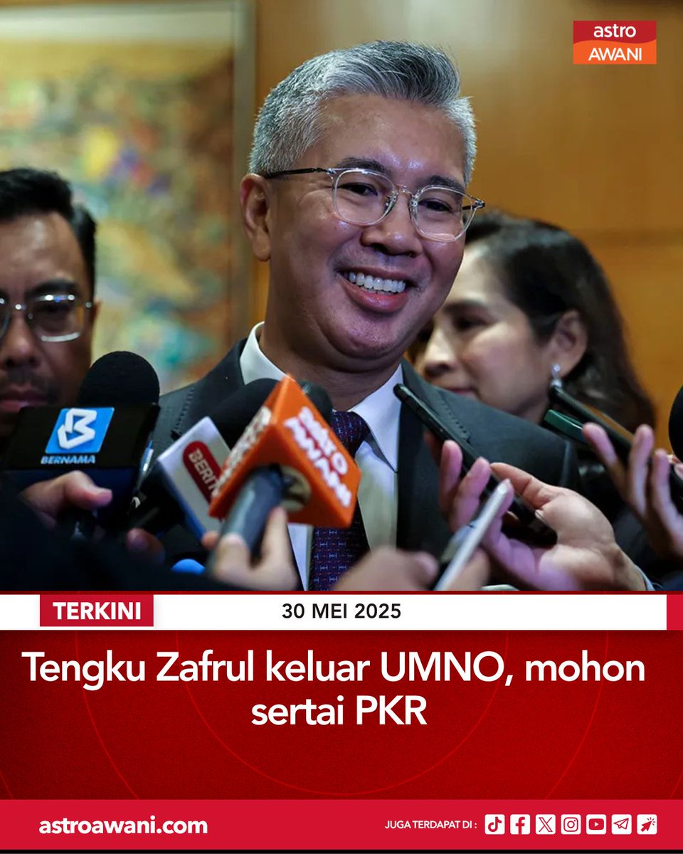 Menteri Pelaburan, Perdagangan dan Industri, Tengku Datuk Seri Zafrul Abdul Aziz mengumumkan meninggalkan parti UMNO pada Jumaat.

Dalam hantaran di Instagramnya, beliau berkata telah menghantar surat peletakan jawatan itu kepada pucuk pimpinan UMNO.

Ikuti berita terkini di