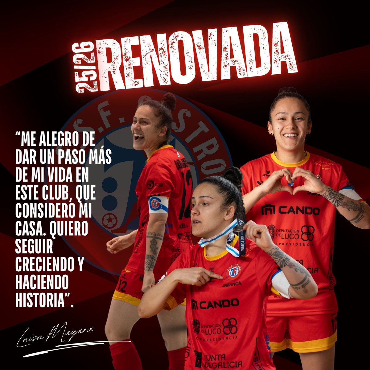 FSF Castro Bloques Cando (@castrofutsalfem) on Twitter photo Comezamos a construír a nova tempada 25/26. E facémolo anunciando a renovación da nosa capitá <a href="/luisamayarasb/">Luísa Mayara 🍀🇧🇷💢</a>
O seu carácter e o seu compromiso son espello para todas e símbolo do que somos.
Luisa é corazón e alma deste equipo ❤️
Imos, capitá! 🔥
📷 @filmefotografia Comezamos a construír a nova tempada 25/26. E facémolo anunciando a renovación da nosa capitá <a href="/luisamayarasb/">Luísa Mayara 🍀🇧🇷💢</a>
O seu carácter e o seu compromiso son espello para todas e símbolo do que somos.
Luisa é corazón e alma deste equipo ❤️
Imos, capitá! 🔥
📷 @filmefotografia