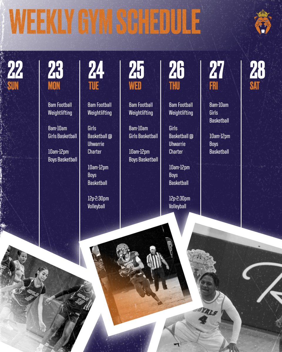 June workout schedule for:
Varsity Football
HS Boys Basketball
HS Girls Basketball
HS Volleyball

Strength training 8a-12p M-TH
See your Coach for more info.