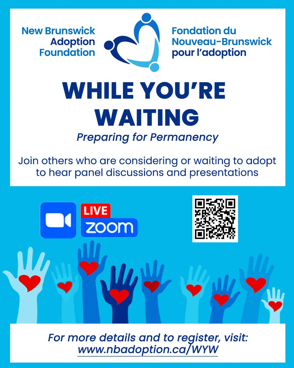 𝗪𝗛𝗜𝗟𝗘 𝗬𝗢𝗨'𝗥𝗘 𝗪𝗔𝗜𝗧𝗜𝗡𝗚 (𝗘𝗻)
Preparing caregivers for permanency
𝗧𝗨𝗘𝗦𝗗𝗔𝗬, JUNE 24 @ 8PM

𝗙𝗼𝗿 𝗺𝗼𝗿𝗲 𝗱𝗲𝘁𝗮𝗶𝗹𝘀 𝗮𝗻𝗱 𝘁𝗼 𝗿𝗲𝗴𝗶𝘀𝘁𝗲𝗿, 𝘃𝗶𝘀𝗶𝘁
nbadoption.ca/WYW