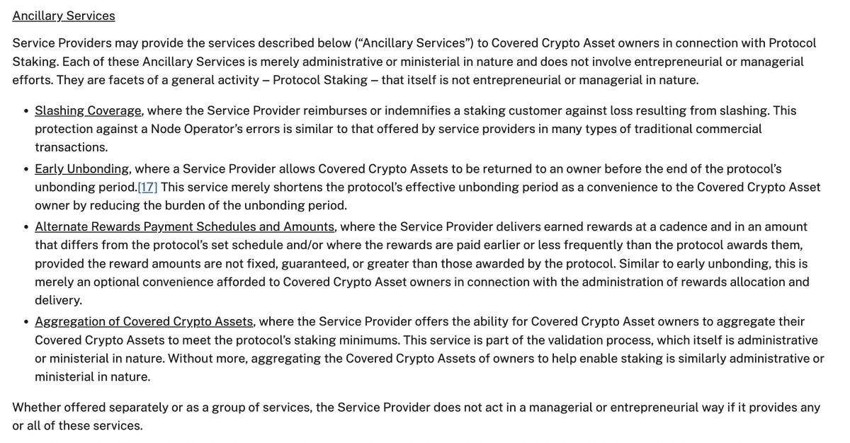 Bill Hughes : wchughes.eth 🦊 (@billhughesdc) on Twitter photo The most important part of the <a href="/SECGov/">U.S. Securities and Exchange Commission</a> 's staking guidance is the "ancillary services" section because these findings were far more uncertain than the rest of the memo. While it was predictable that Corp Fin would find that solo staking, noncustodial staking services, and even The most important part of the <a href="/SECGov/">U.S. Securities and Exchange Commission</a> 's staking guidance is the "ancillary services" section because these findings were far more uncertain than the rest of the memo. While it was predictable that Corp Fin would find that solo staking, noncustodial staking services, and even