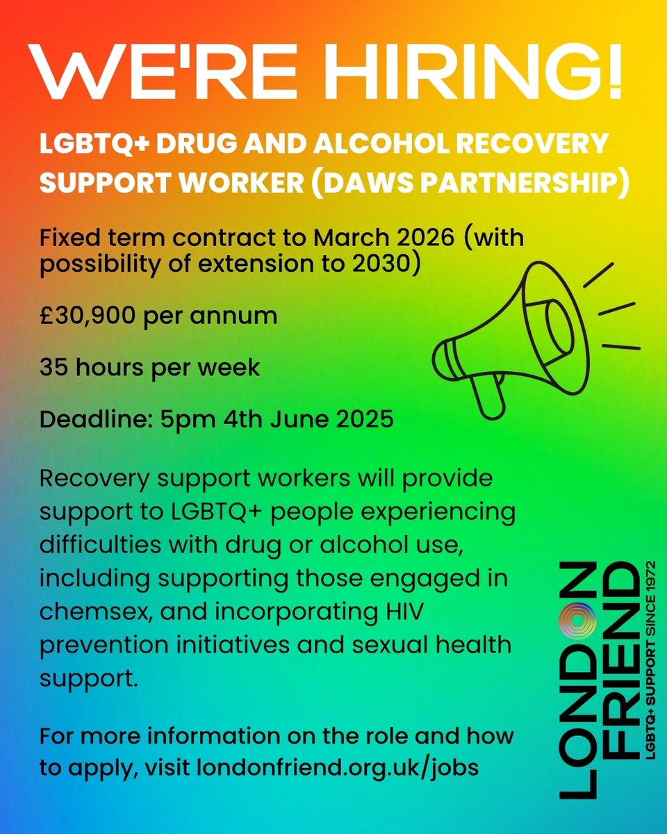 📣 WE'RE HIRING! You could be a brand new member of our Antidote team!  

🏳️‍🌈We particularly encourage applications from people of colour, trans and non binary people to help us best reflect our communities🏳️‍⚧️  

👉 Learn more and apply at londonfriend.org.uk/jobs