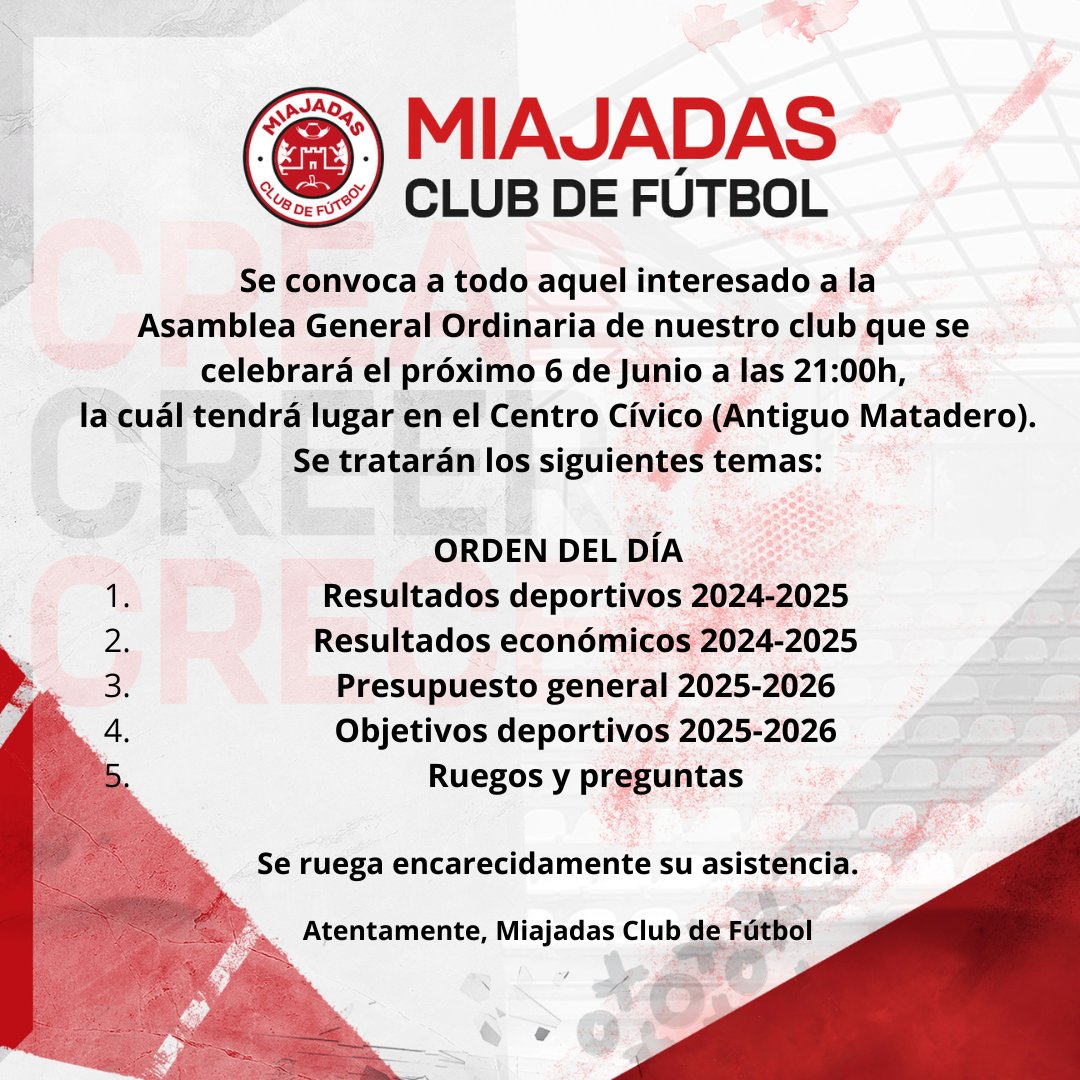 ¡Atención! 📢
<a href="/miajadascf/">Miajadas Club de Fútbol</a> celebrará el viernes 
 6 de Junio a las 21:00h, Asamblea  General de Socios.
📍 Lugar: Centro Cívico (Antiguo Matadero)
👉Tu participación es fundamental para seguir creciendo como equipo y familia