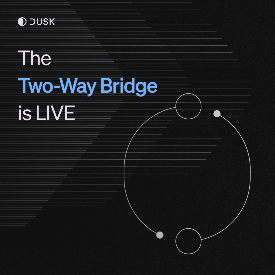 The two-way bridge is here!

You can now send native $DUSK from mainnet to BEP20 (BSC) and back.

Bridging is easy and happens through the Dusk Web Wallet. 

See the announcement and guide to get started 👇