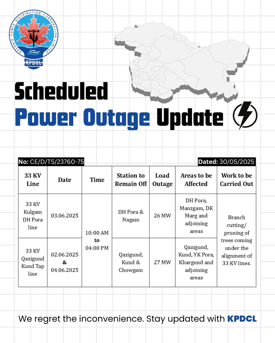 Official account of KPDCL (@kpdclofficial) on Twitter photo Scheduled Power Shutdown Update of 33 KV Kulgam DH Pora,Qazigund Kund Tap Line.
Stay prepared!
We regret the inconvenience caused.
#KPDCL #SHUTDOWN
<a href="/CM_JnK/">Office of Chief Minister, J&K</a> <a href="/OfficeOfLGJandK/">Office of LG J&K</a> <a href="/diprjk/">Information & PR, J&K</a> <a href="/nasirsogami/">Nasir Sogami</a> <a href="/DivComKash/">Divisional Commissioner Kashmir</a> <a href="/GreaterKashmir/">Greater Kashmir</a> <a href="/RisingKashmir/">Rising Kashmir</a> Scheduled Power Shutdown Update of 33 KV Kulgam DH Pora,Qazigund Kund Tap Line.
Stay prepared!
We regret the inconvenience caused.
#KPDCL #SHUTDOWN
<a href="/CM_JnK/">Office of Chief Minister, J&K</a> <a href="/OfficeOfLGJandK/">Office of LG J&K</a> <a href="/diprjk/">Information & PR, J&K</a> <a href="/nasirsogami/">Nasir Sogami</a> <a href="/DivComKash/">Divisional Commissioner Kashmir</a> <a href="/GreaterKashmir/">Greater Kashmir</a> <a href="/RisingKashmir/">Rising Kashmir</a>