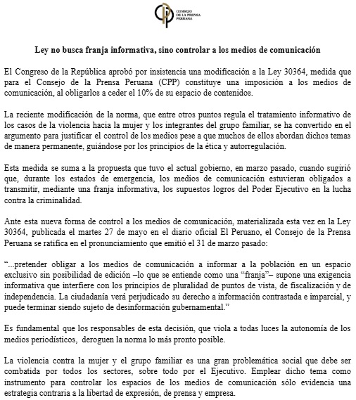 Con la modificación a la ley que regula el tratamiento informativo de los casos de la violencia hacia la mujer y los integrantes del grupo familiar, el Congreso impone un control sobre los medios.

consejoprensaperuana.org.pe/comunicado/ley…